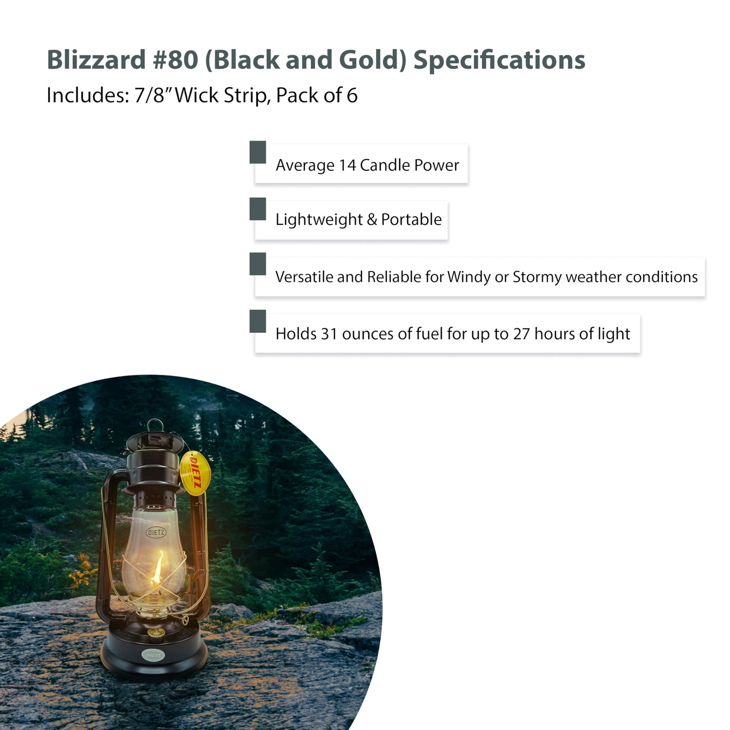 LIGHT OF MINE Blizzard Oil Lantern - Dietz #80, Borosilicate Glass, Black with Gold Trim