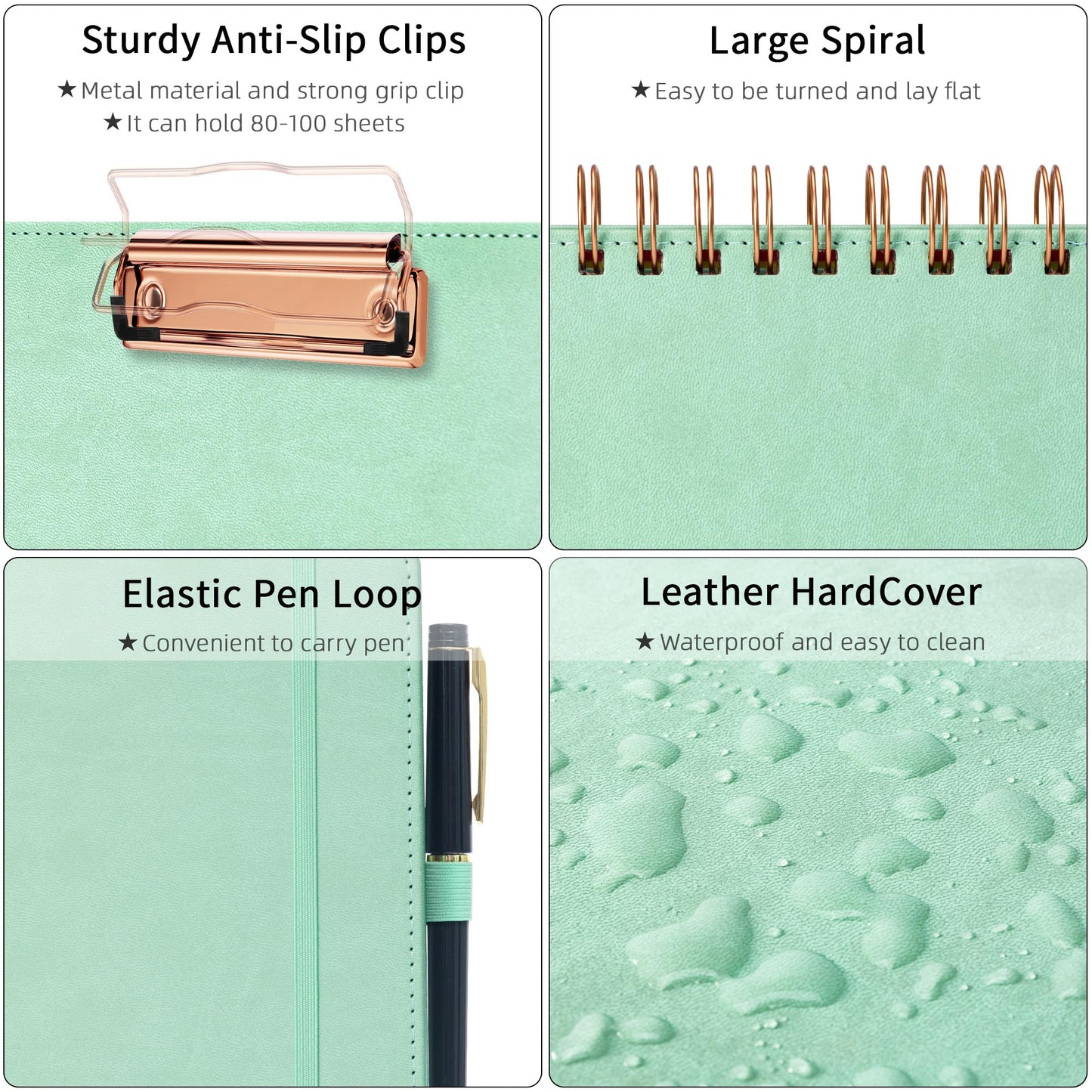 Ospelelf Leather Clipboard Folders with with Storage Zipper Pouch, Spiral Clipboard Folio with Notepad for Letter Size, 5 Folders with 10 Pockets, 39 Divider Label Stickers (Light Green)