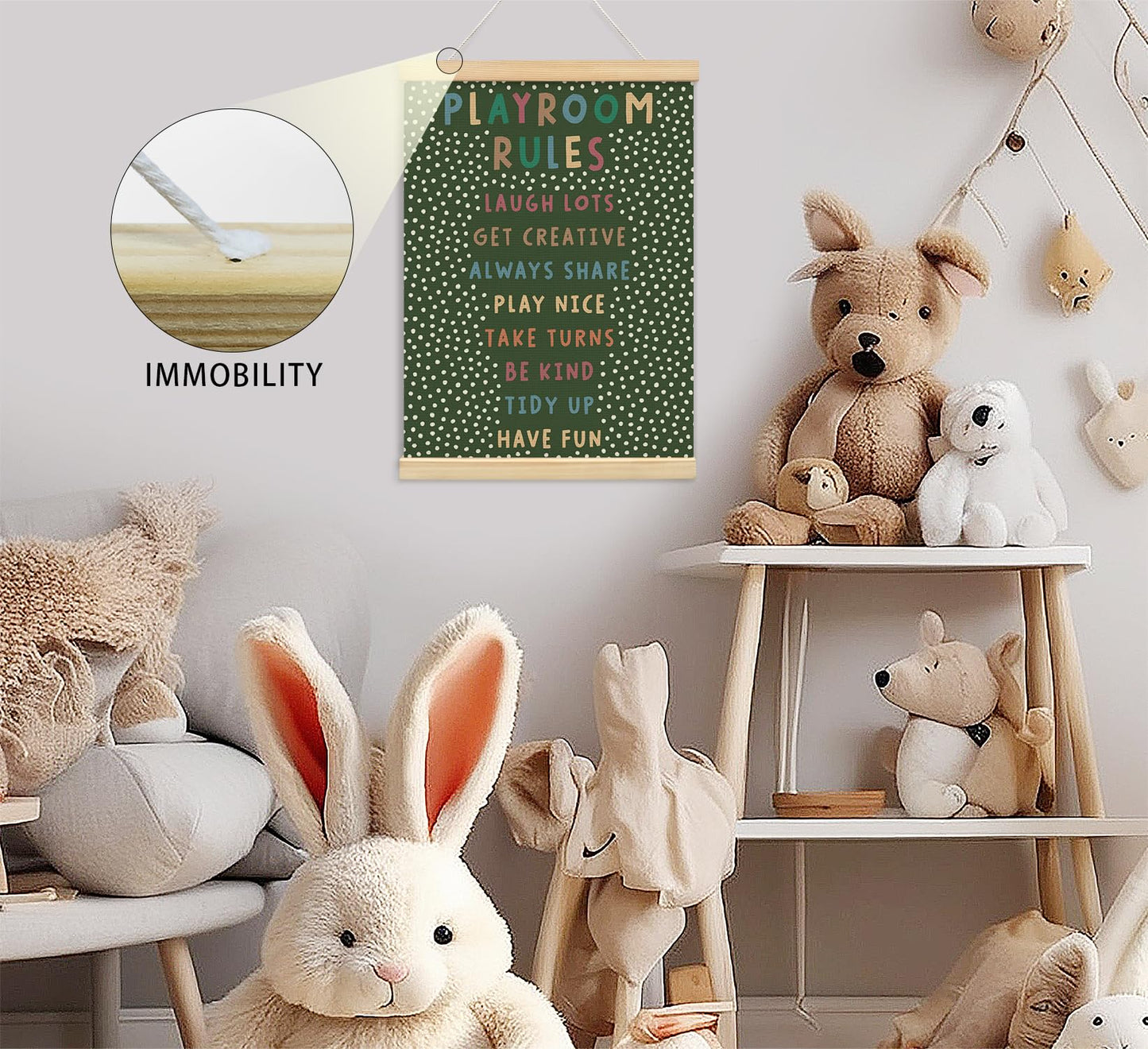 Playroom Kids Tollder Room Wall Decor, Play Room Rules Wall Decor for Kids Play Game Room Bedroom Nursery Home School Playroom Essentials, Canvas Hanging Banner Wood Poster Frameds(dark green)