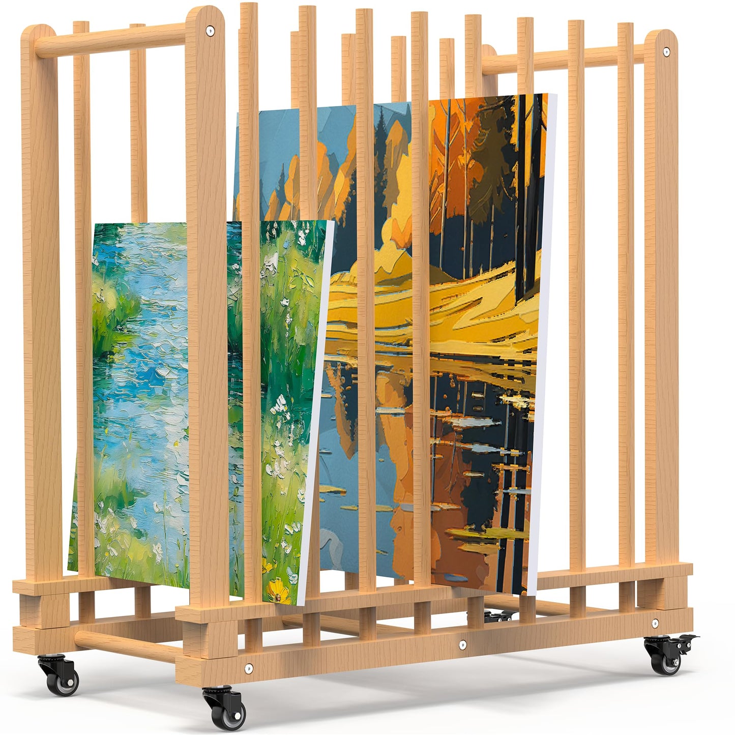 GARVIN Art Storage Rack with Wheels & Handle- Beech Wood Canvas Organizer & Artwork Storage Organizer for Drawing Board, Panel, Paper Pad for Art Studios, Artworks, Gallery, Classroom