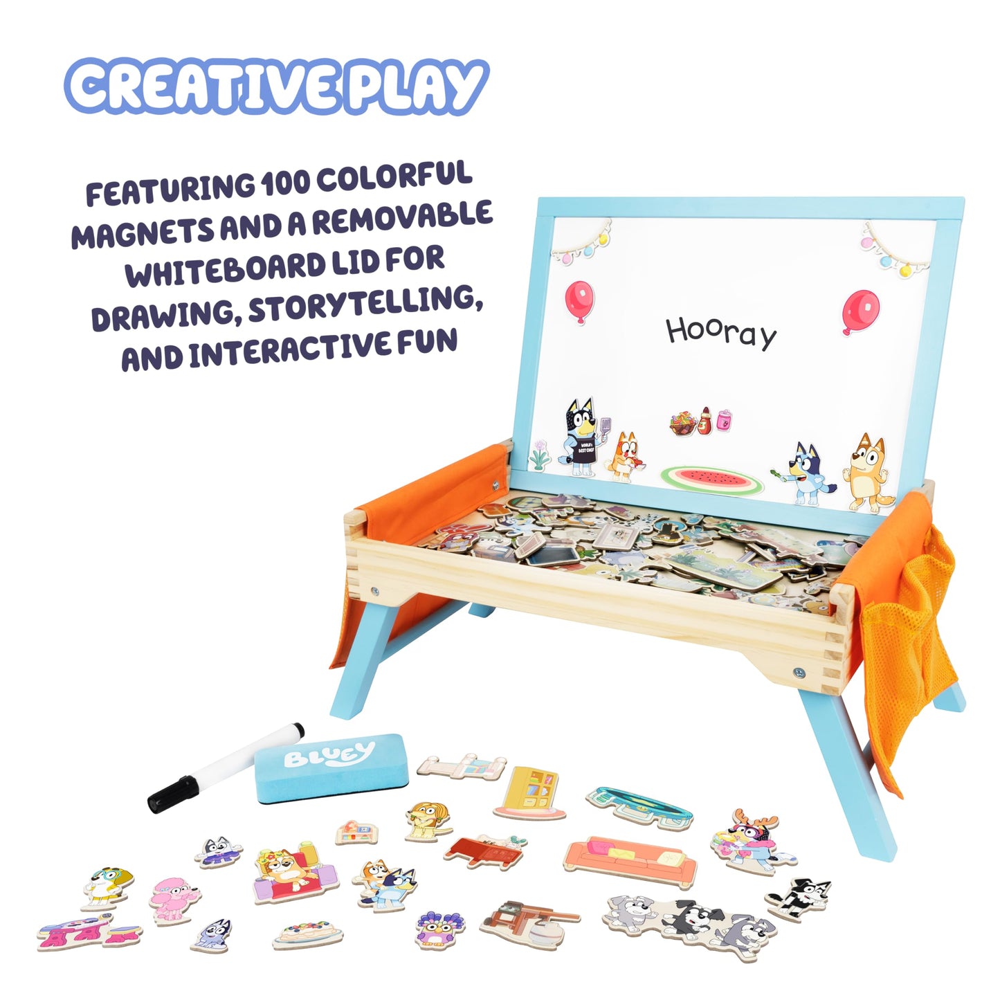 Bluey Art Creation Kids Art Station with 100 Magnets & Whiteboard Lid, Foldable Legs, Art Table for Kids, Storage Pockets