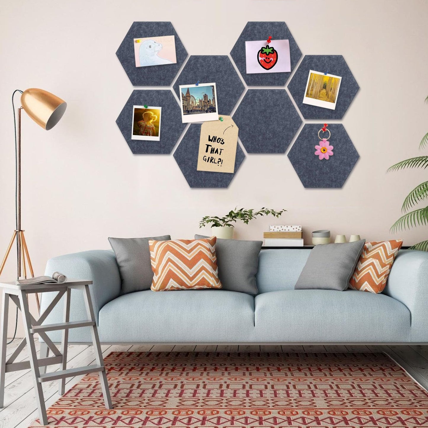 8 Packs Dark Grey Hexagon Felt Pin Board, 12" Bulletin Board with 30 Push Pins, Felt Board for Home Kitchen Office Decor, Self-Adhesive Corkboard Tiles for Walls Message Photos Memos Display