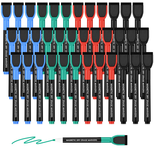 SUQJOY Magnetic Dry Erase Markers 36 Count, Fine Tip Whiteboard Markers with Eraser Caps, Low Odor, 4 Colors Black Blue Red Green, for Fridge Calendar, Office and Home