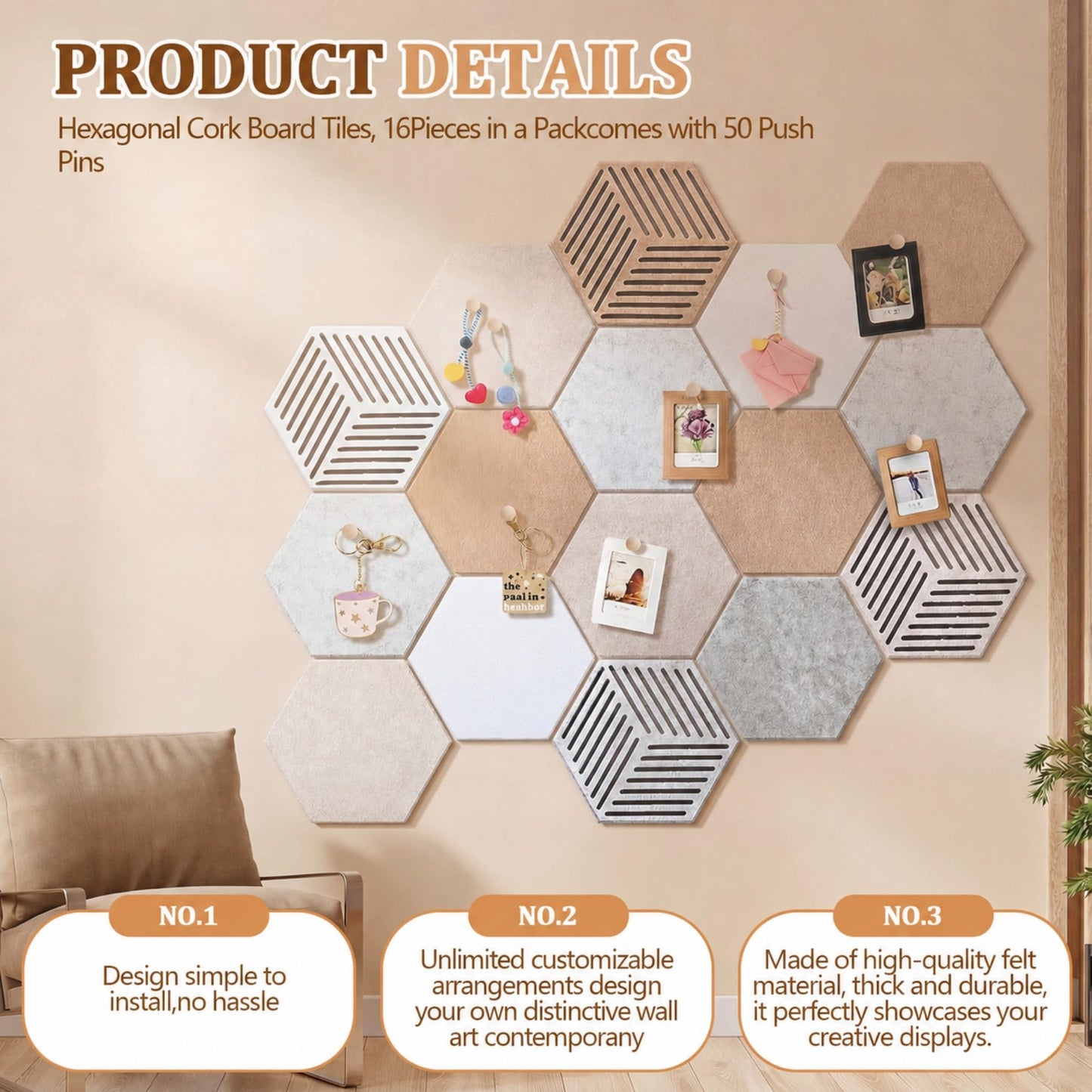 Mindsoft 16 Pcs Hexagon Cork Board Tiles for Wall Decor, 7x6 Inch Self-Adhesive Corkboard Tiles with 50 Pins, Hexagon Pin Board for Home Office Classroom Notes Photos DIY Decor