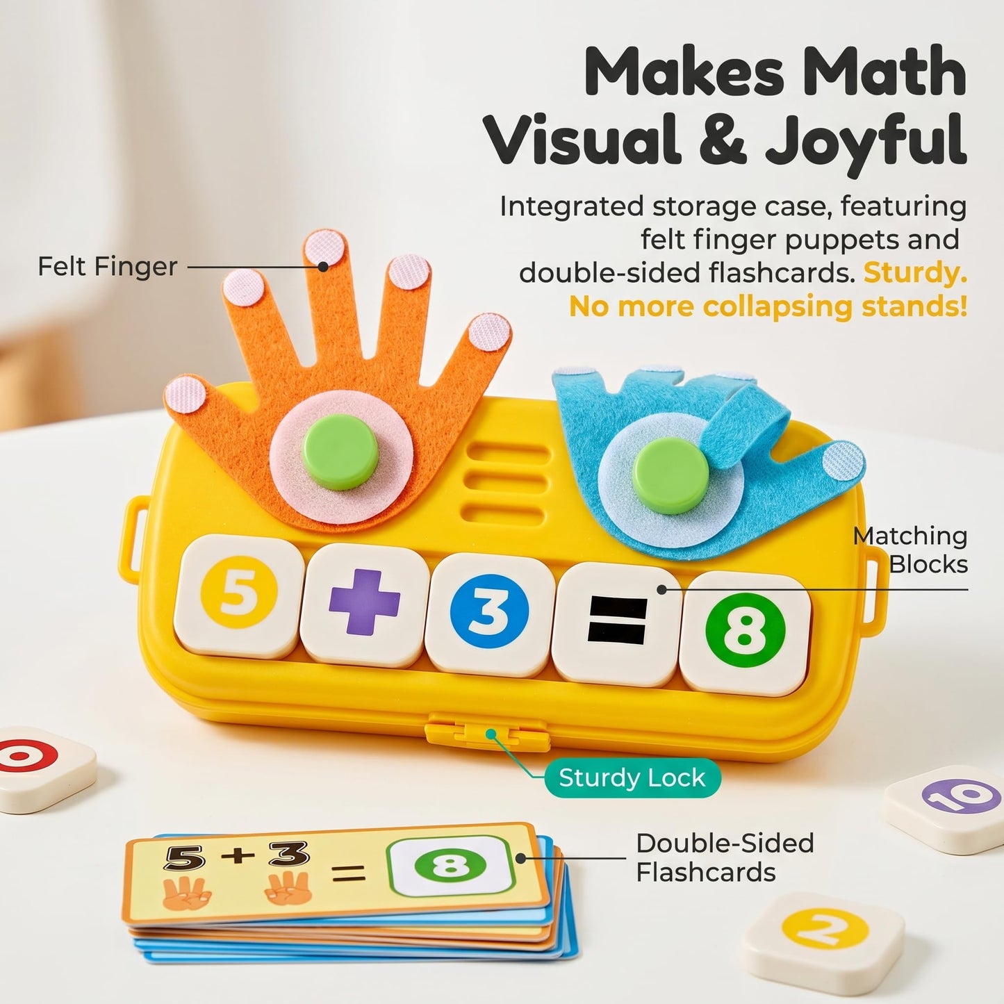 OBMESHOW Montessori Preschool Math Toys for Kids Ages 3 4 5, Counting, Addition & Subtraction Learning Game with Finger Counting Hands, Number Blocks, Flash Cards, Storage Box and Shoulder Strap