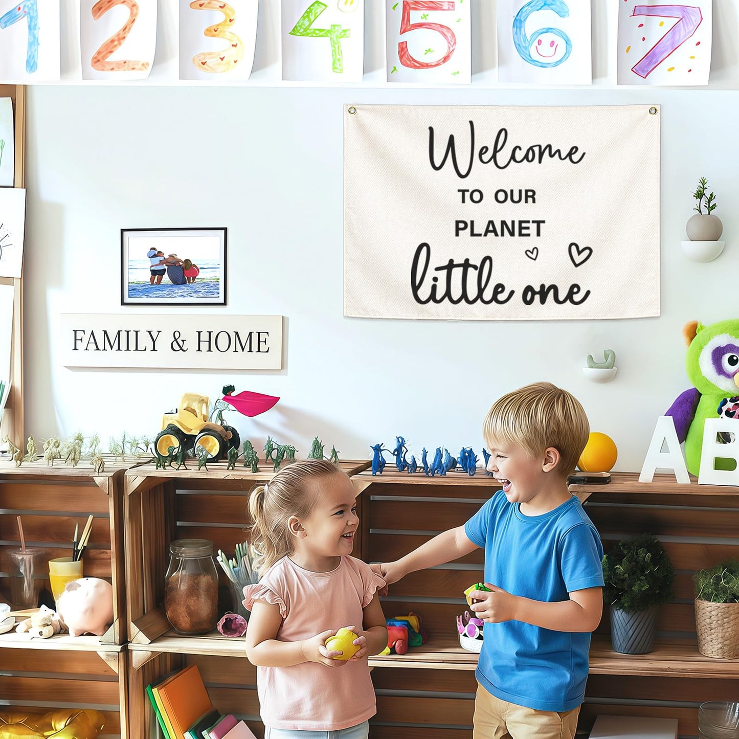Welcome to Our Planet Rectangular Banner-Flag Sign for Nursery Playroom Kindergarten Bedroom Wall Decor,Baptism Baby Shower Birthday Christmas Gift for Baby Girl Boy Kids-28.5"L×20"W
