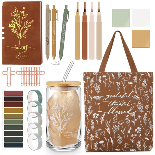 Singhoow 29 Pcs Bible Journaling Supplies Kit 16 oz Glass Cup Canvas Bag Leather Notebook Highlighters Pens Sticky Note Tapes Bible Study Supplies for Women Fathers Sunday School Teacher(Boho, Brown)