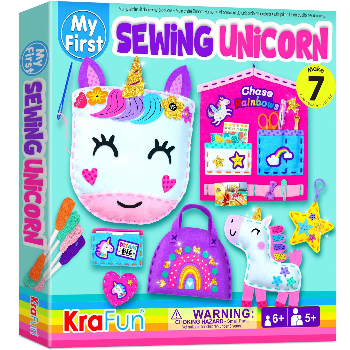 KRAFUN My First Unicorn Kids Sewing kit, Beginner Arts & Crafts, Make 8 Cute Projects with Plush Stuffed Animal, Pillow, Mobile, Keyring and Bag, Instructions & Felt for Learn Sewing, Embroidery