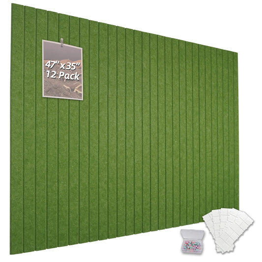 TENACR Cork Board Alternative-Felt Slat Wall Paneling,Office Bulletin Board for Decoration, Suitable for Displaying Photos and Documents, with Removable Adhesive Labels,12-Pack (Green)