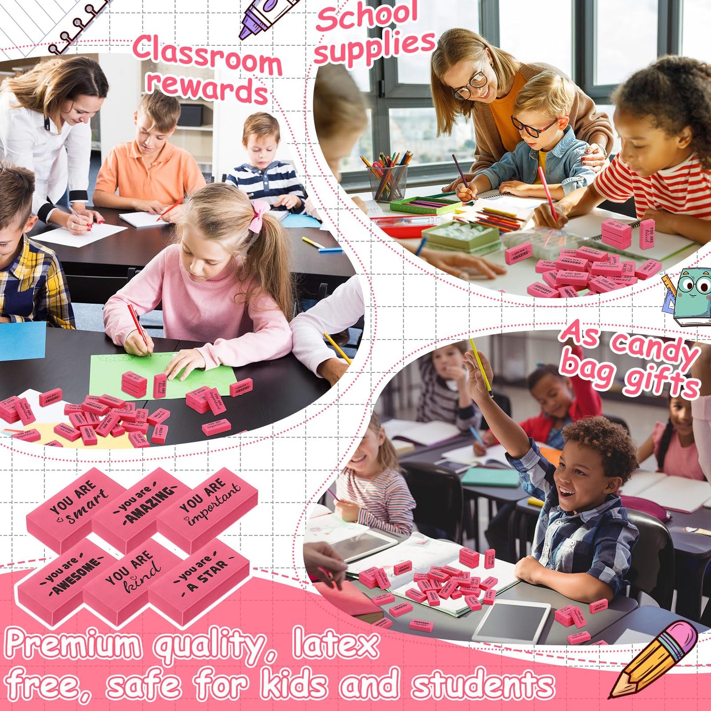 Resurhang 180 Pcs Erasers Bulk for Kids Inspirational Pencil Erasers Bulk for Drawing Motivational Big Eraser School Supplies for Classrooms Back to School Office (Motivational,Pink)