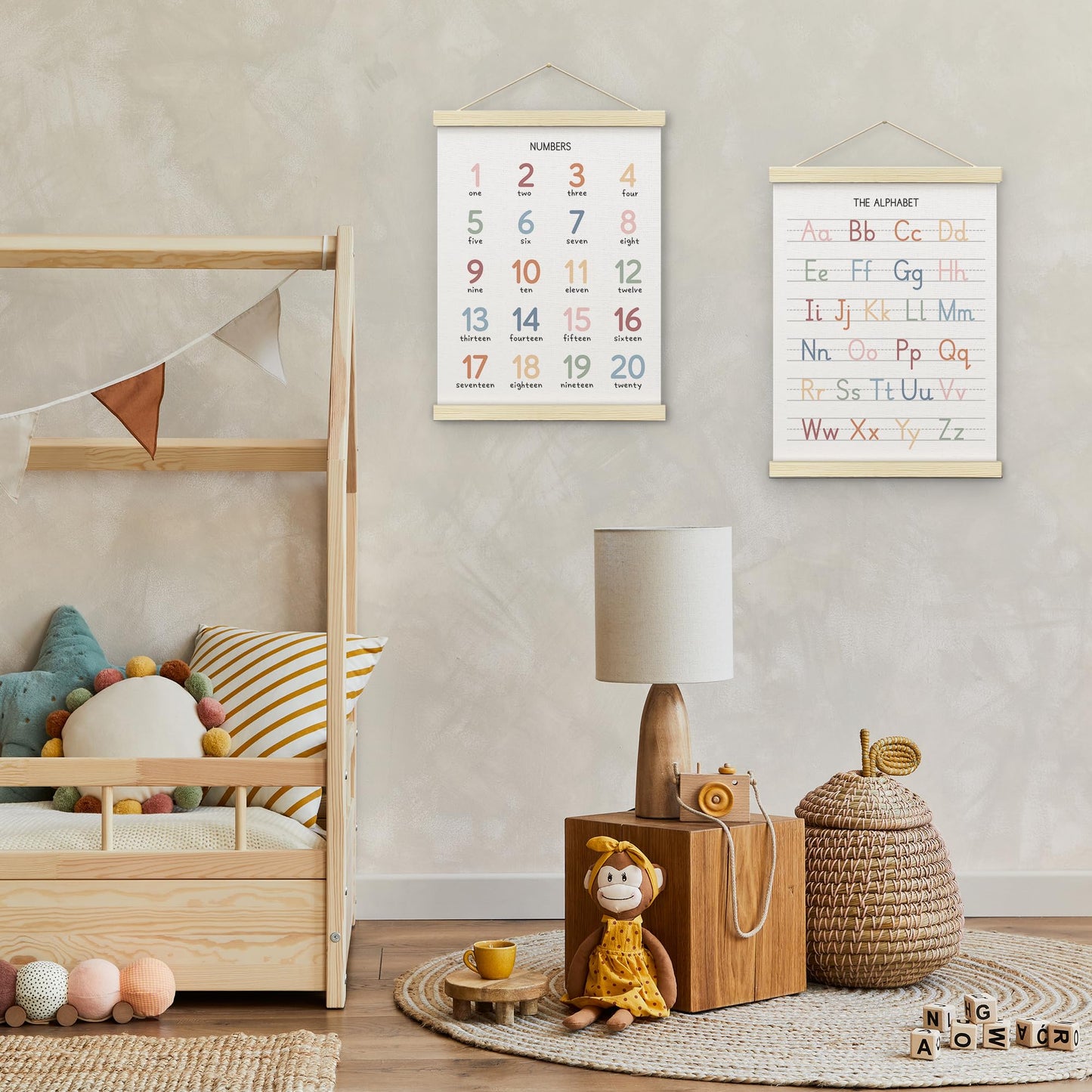 BONETAT Numbers alphabet poster for Nursery Toddlers, Play Room Wall Decor, ABC Wall Chart, Wall Hanging Decor for Toddler Playroom Decor Kids Wall Decor, Wooden Alphabet Banner-A02