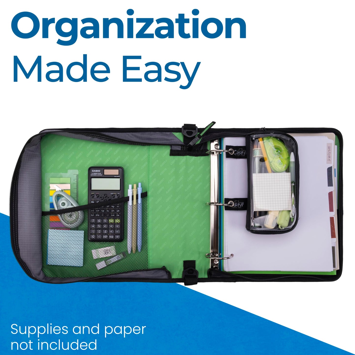 Case-it Classic Zipper Binder | 2-Inch O-Rings, 350 Sheet Capacity, Multiple Storage Pockets & Shoulder Strap | School & Office Organizer | D-251 Canopy Green