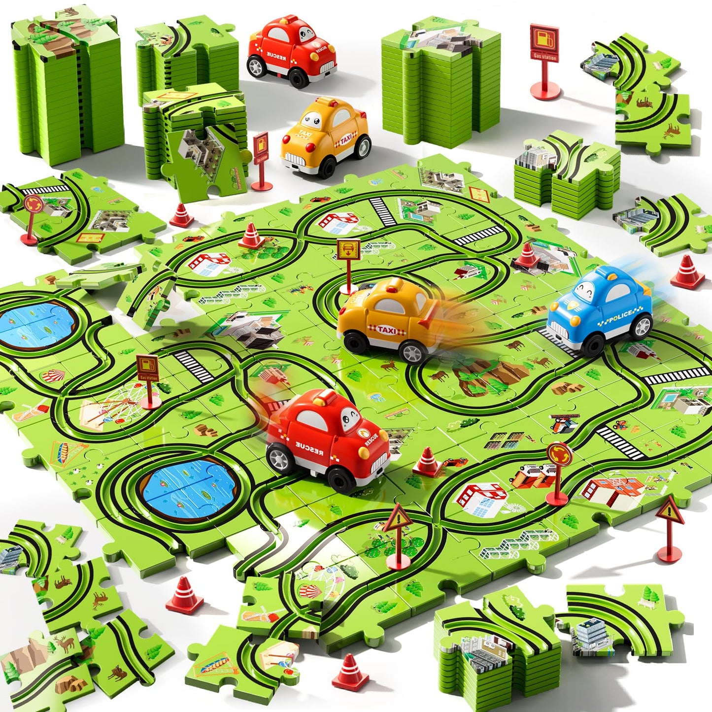 Beby Buty 64PCS Puzzle Track Car Set Toys for Kids Boys, Toddler Toys Gifts for 3 4 5 Year Old, Floor Puzzle Tracks Car for Boys Ages 3-5 4-6, for 3 4 5 6 Year Old