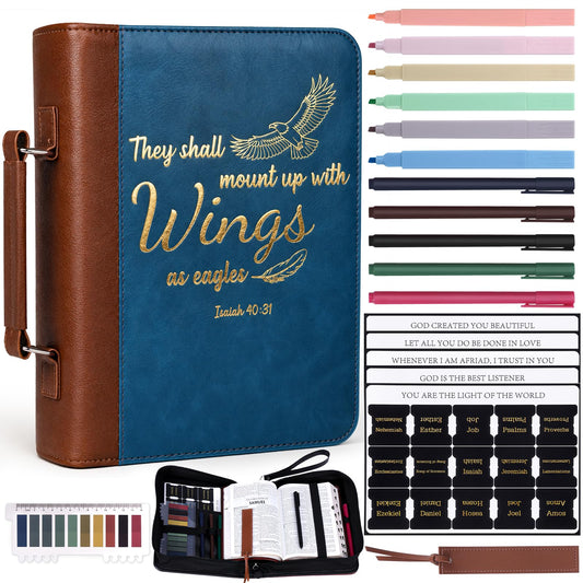 XKDOUS 20 Pcs Bible Cover Kit for Men Leather Book Carrying Case Church Bag Holder with Handle, Tabs, Pens, Study Supplies Christian Gift Father Day for Dad, Mom, Women, Friends