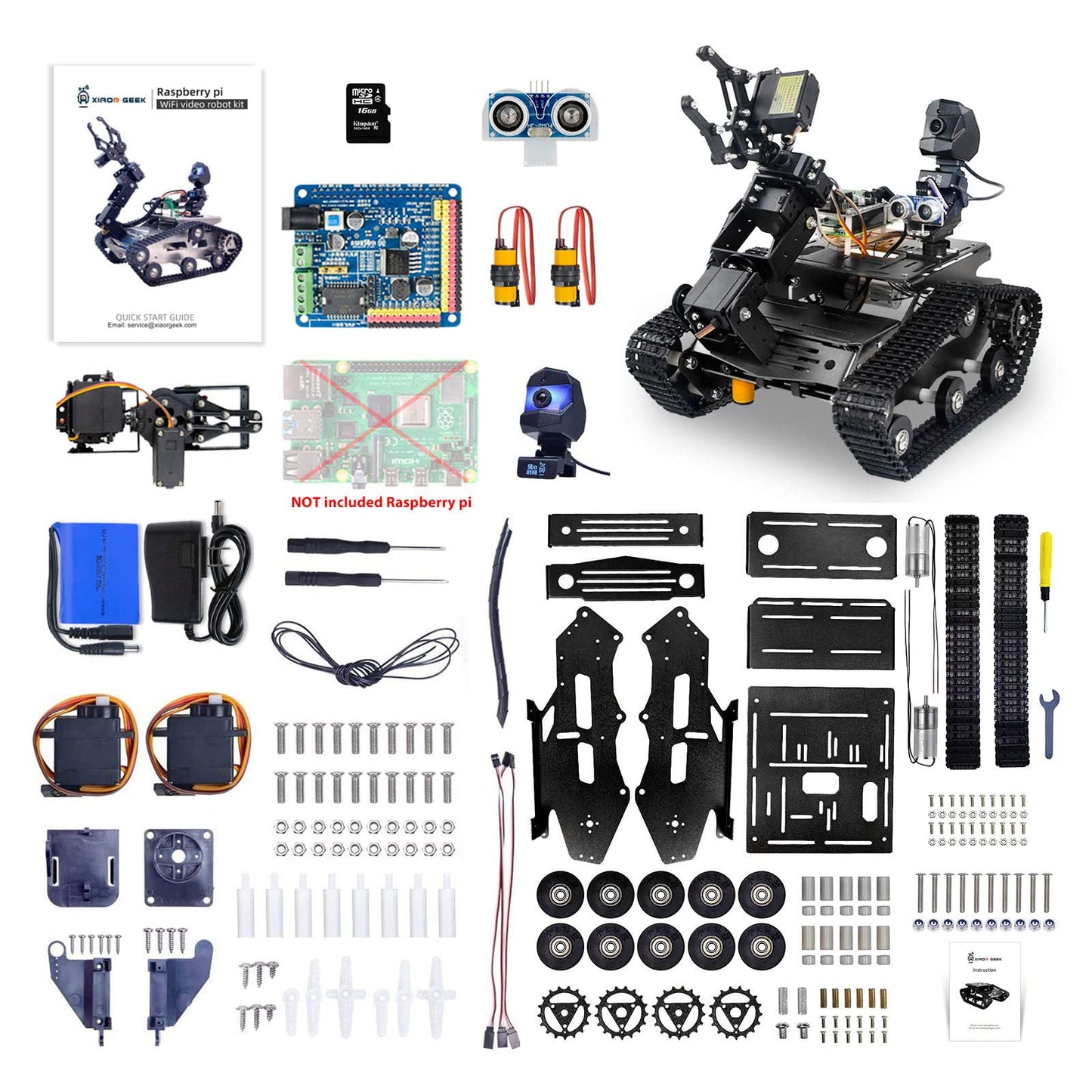 XiaoR GEEK Smart WiFi Robot Kit for Raspberry Pi 5 4B 3B, 4DOF Robotic Arm Track Tank Chassis Robot Car with HD Camera Ultrasonic Infrared Sensor Programming Project for 14+(without Raspberry Pi)