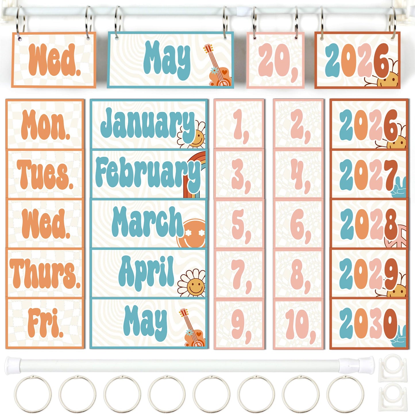 Groovy Flip Calendar Bulletin Board Set Retro Hippie Calendar for Classroom Whiteboard Decor with 2026 to 2030 Years Date Cards and Adjustable Rod for Home Elementary Back to School Teacher Supplies