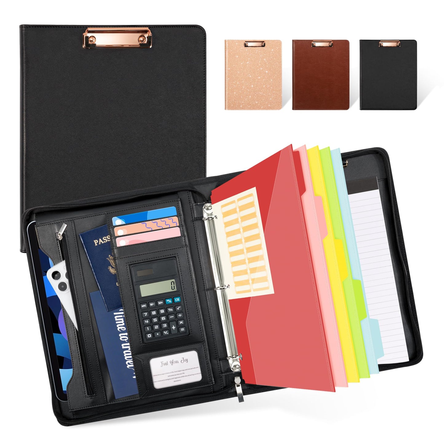 Ospelelf Zippered Padfolio Portfolio Folder, Leather Clipboard with Storage, 3 Ring Binder 1 Inch,12.1” Tablet Sleeve, 5 Dividers with Pocket, Refillable Notepad, Card Slot (Classic Black)