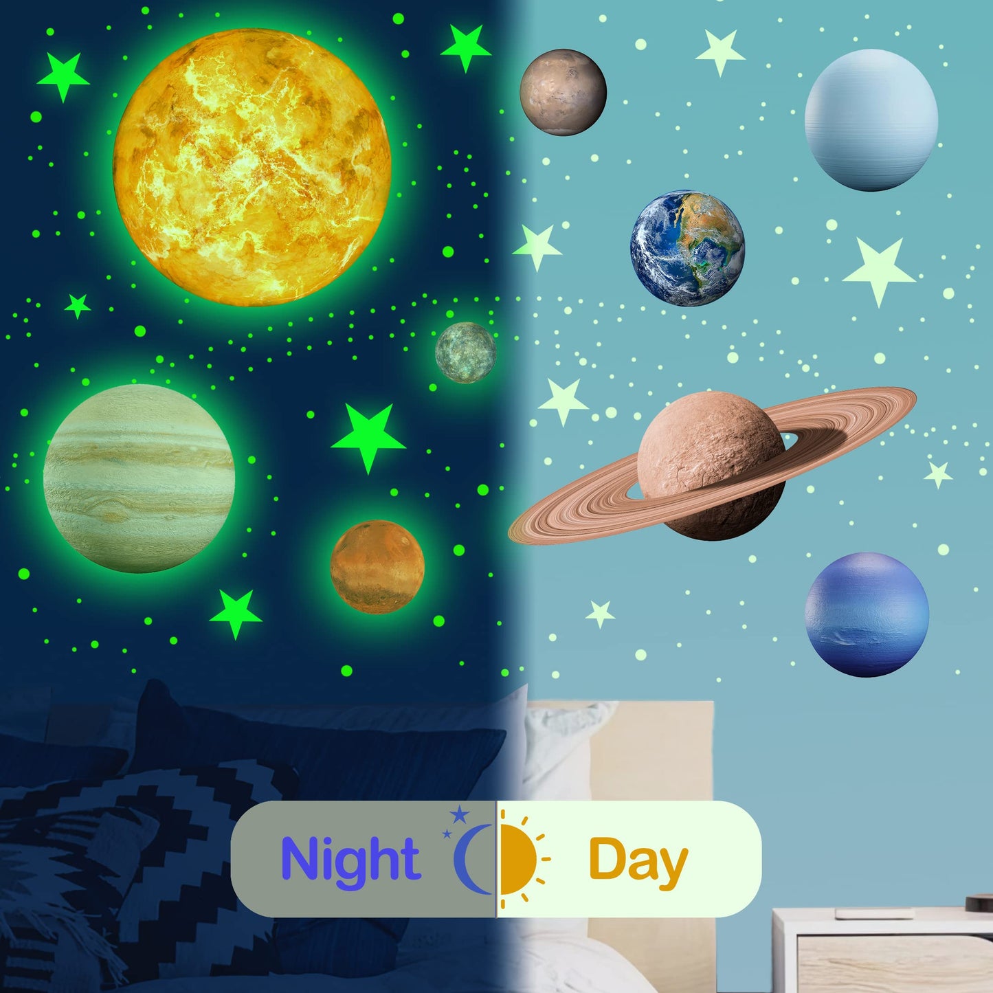 Glow in The Dark Stars Solar System Wall Stickers, Sun and 8 Major Planets Wall Decals for Bedroom, Baby Nursery Decoration for Ceiling (Green)