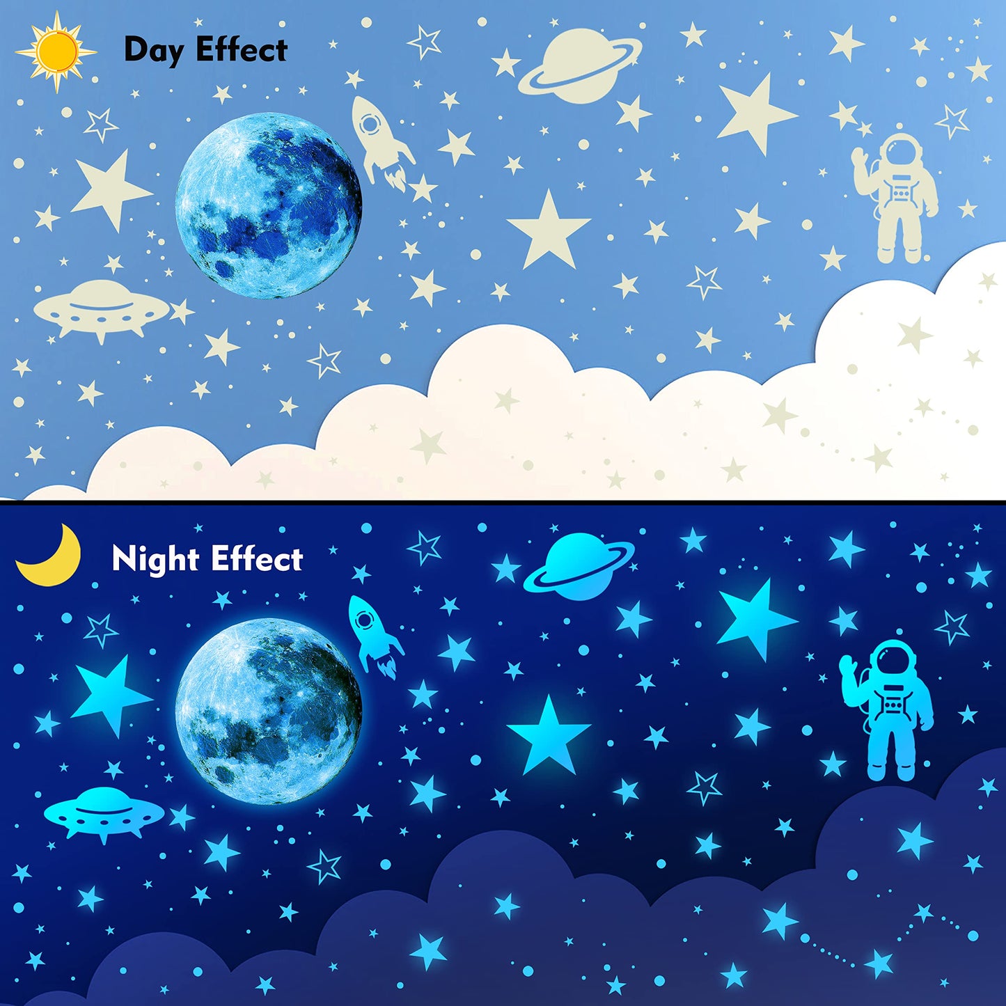 1078 PCS Glow in The Dark Stars For Ceiling Solar System Galaxy Nursery Wall Stickers Rocket Astronaut Kids Boys Room Decorations Bedroom