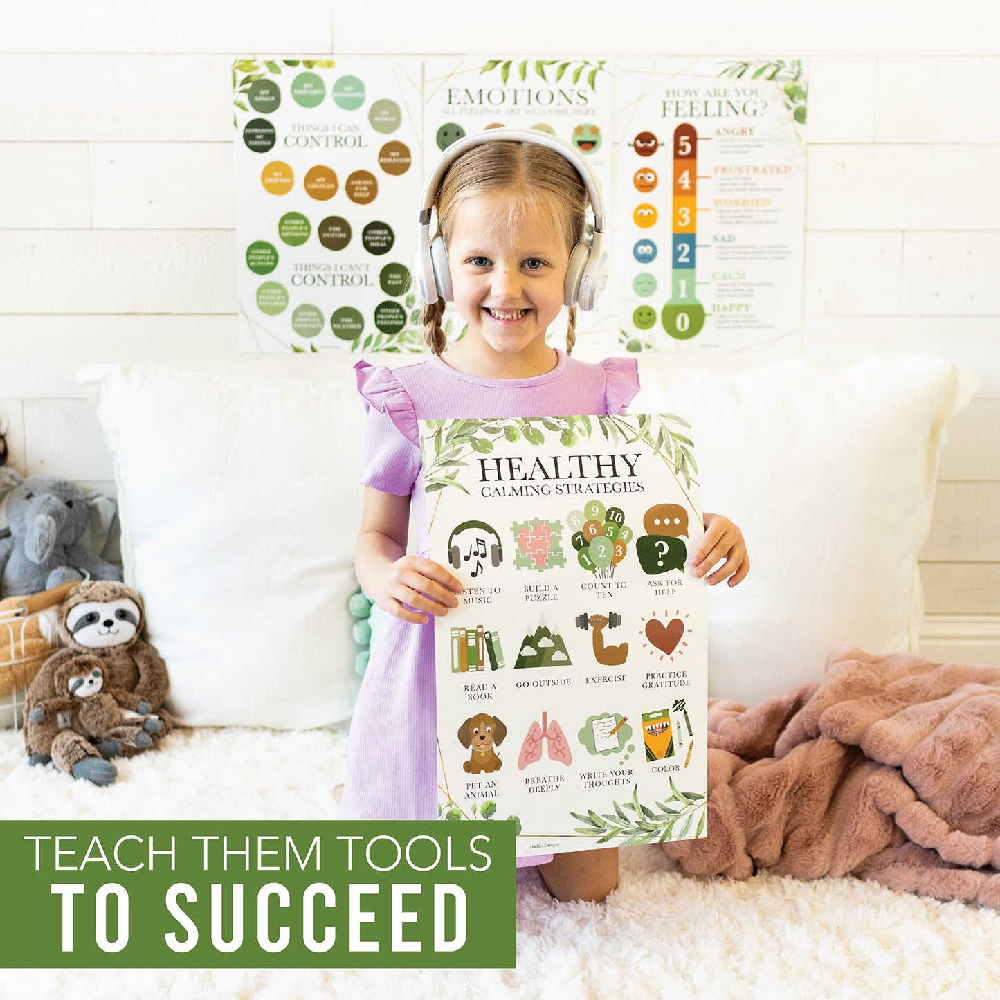 Hadley Designs Feelings Chart for Classroom Must Haves -Emotions Chart for Toddler Calm Down Corner Supplies,Feelings Wheel, Mental Health & Social Emotional Learning Posters, Greenery Classroom Decor