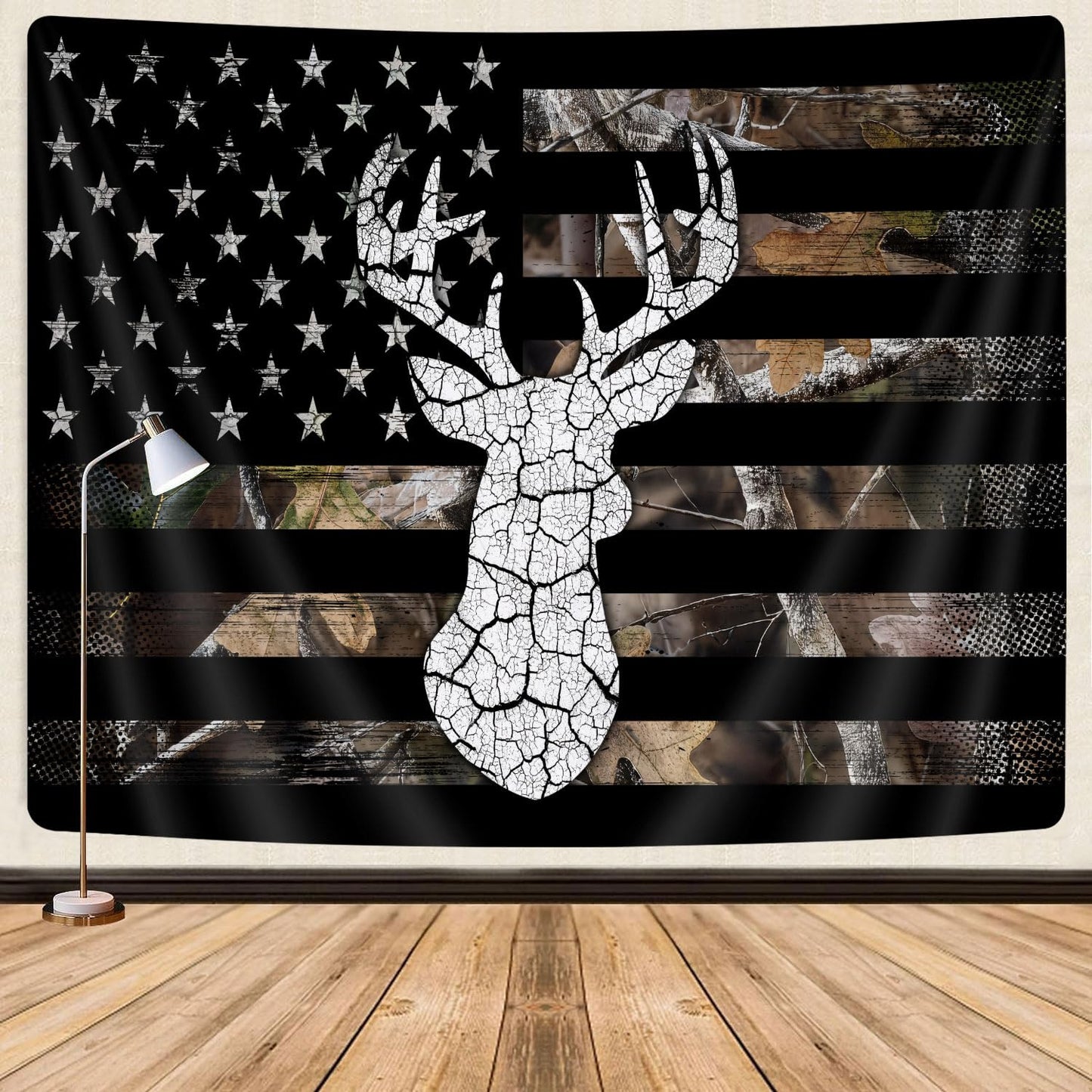 GOAOK Western Tapestry Black White American Flag, Country Deer Hunting Camo Tapestries for Men Guys Room Decor, Tapestry Wall Hanging Poster Blanket College Dorm Cool Indie Room 60"X40"