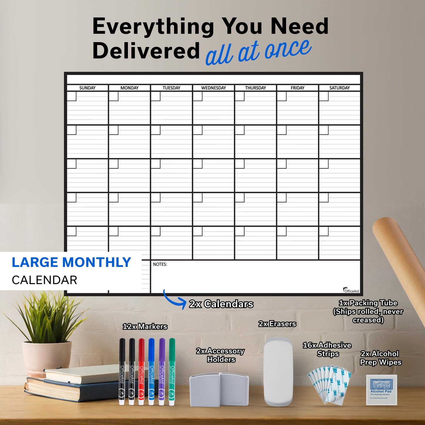 2 PK Large Dry Erase Calendar for Wall | 36x48 | Large Wall Calendar Dry Erase Monthly | 1M 17x26, 24x36, 3M 40x17, 12M 45x55 | Dry Erase Calendar Board for Wall | Whiteboard Calendar | Calendar Whiteboard