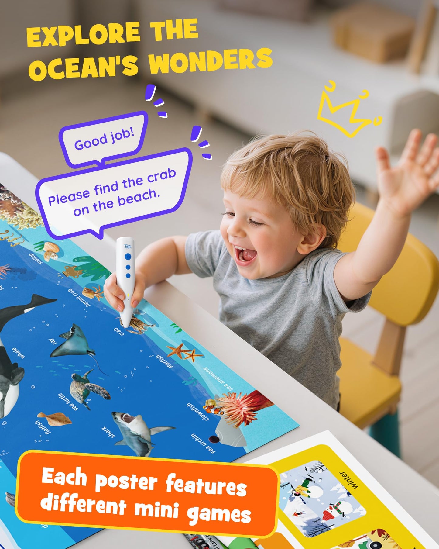 TEKFUN Talking Learning Poster Set for Toddlers 1-3, Interactive Educational Wall Poster with Speaking Pen, Screen-Free Letter & Word Learning for Homeschooling & Preschool Classroom