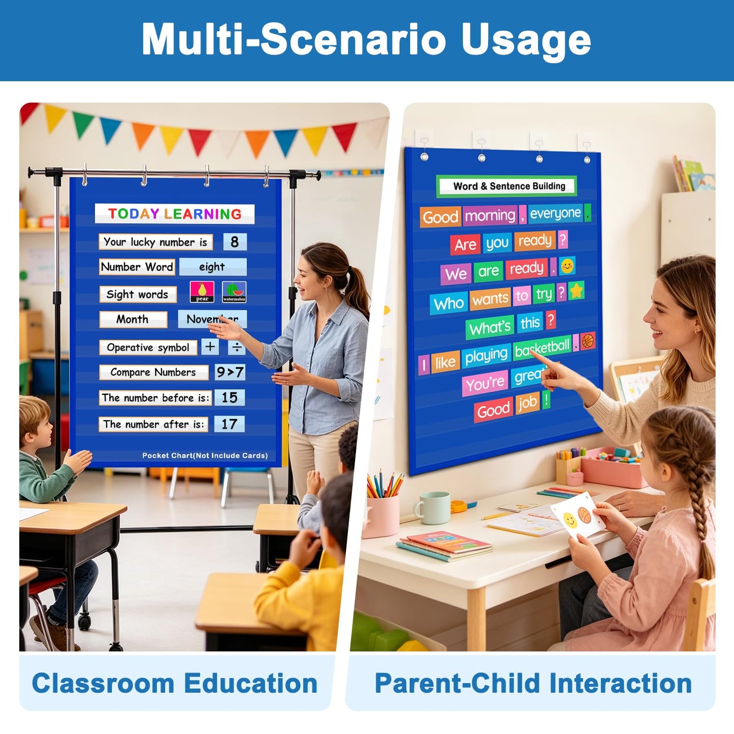 Standard Pocket Chart Clear 10 Pockets Chart for Classroom & Home Heavy Duty Hanging Pocket Chart for Word Wall/Letter Cards/Sentence Strips 28Wx43L,Blue