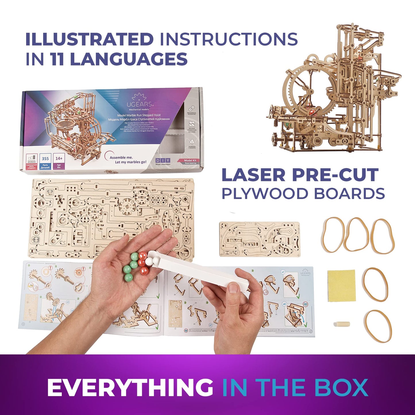 UGEARS Wooden Marble Run Stepped Hoist - Mechanical 3D Wooden Puzzles for Adults Kit, Fun DIY Model Kit Crafts for Adults - Unique Gift 3D Puzzle for Adult Marble Game for Hobby Enthusiasts - 355 Pcs