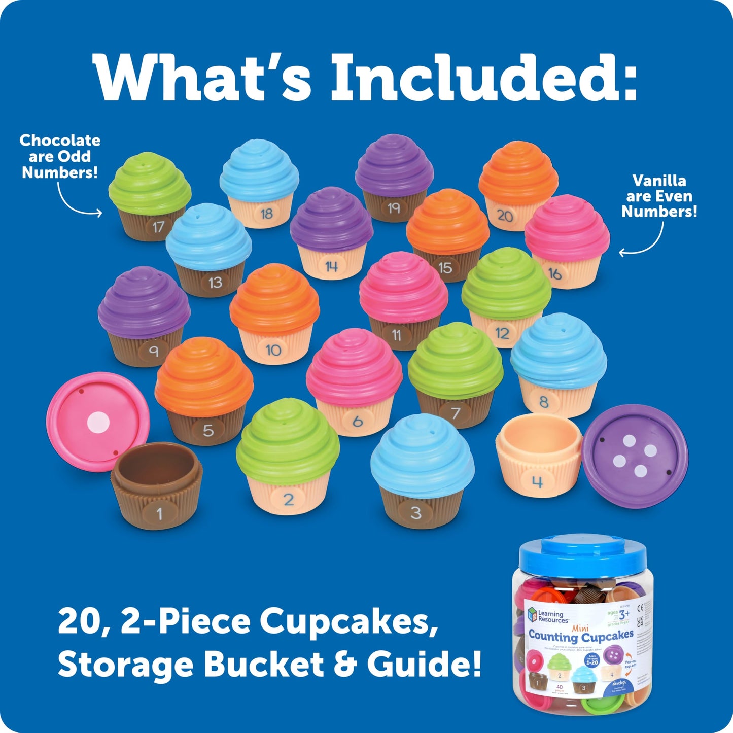 Learning Resources Mini Counting Cupcakes - Birthday Cake, Sensory Toys, Montessori Preschool Activities, Kitchen Play Food Sets for Kids, Fine Motor Games