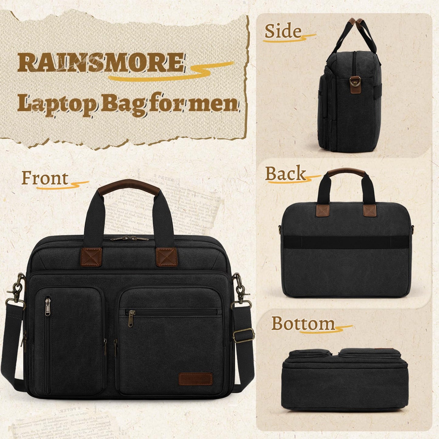 Mens Laptop Messenger Bag 15.6 Inch Canvas Briefcase Waterproof Vintage Computer Bag Shoulder Bag Satchel Bags for Work College Travel