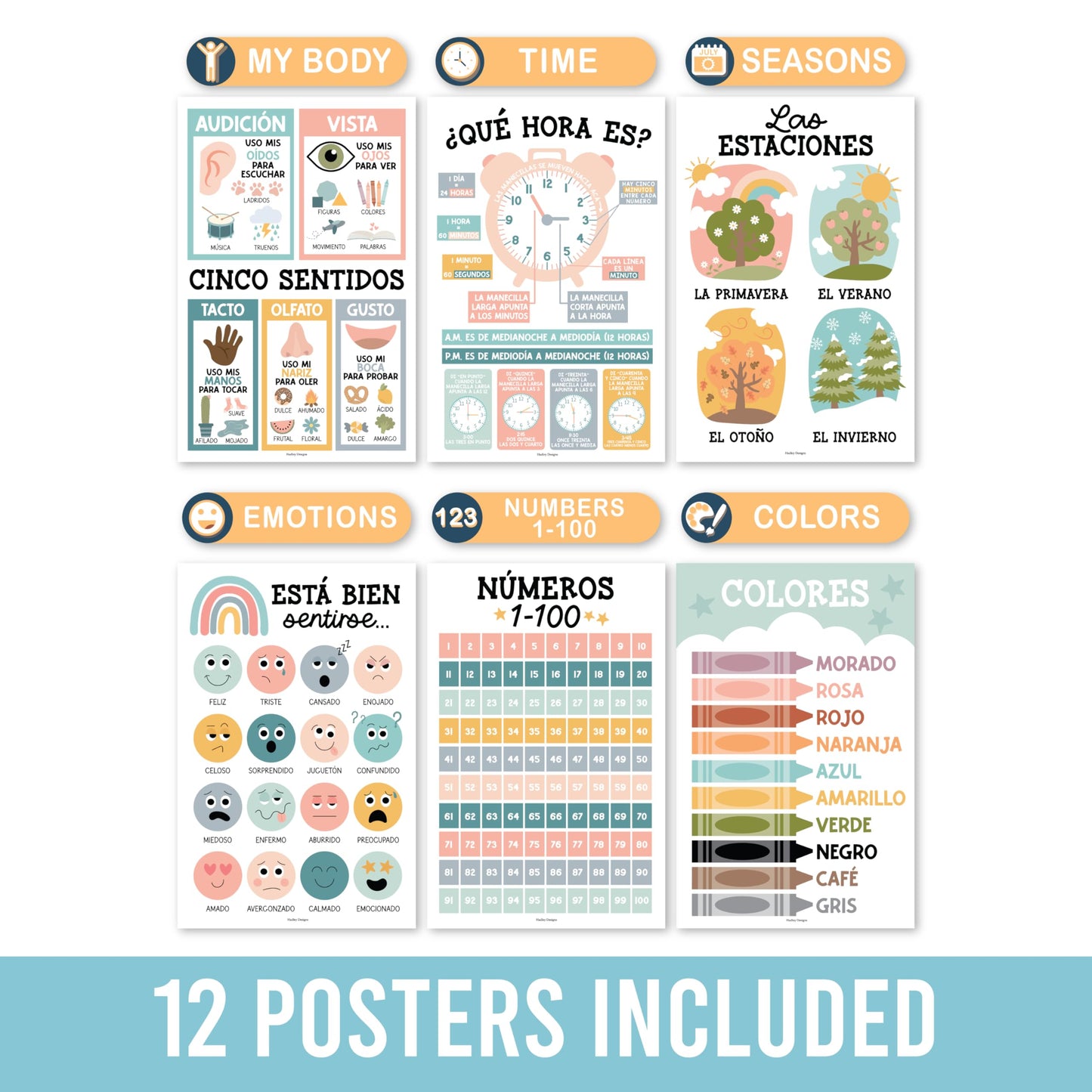 Hadley Designs Spanish Posters for Classroom - 12 Bilingual Educational Posters for Spanish Classroom Decorations Must Haves, Calendario y Alfabeto en Español Para la Pared, Boho Teacher Supplies