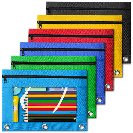 V-Opitos Pencil Pouch for 3 Ring Binder, Bulk 6 Pack 3-Holes Zipper Pencil Pouches in Assorted Colors, Sturdy and Durable Cloth Pencil Case with Clear Window for Office School College Supplies