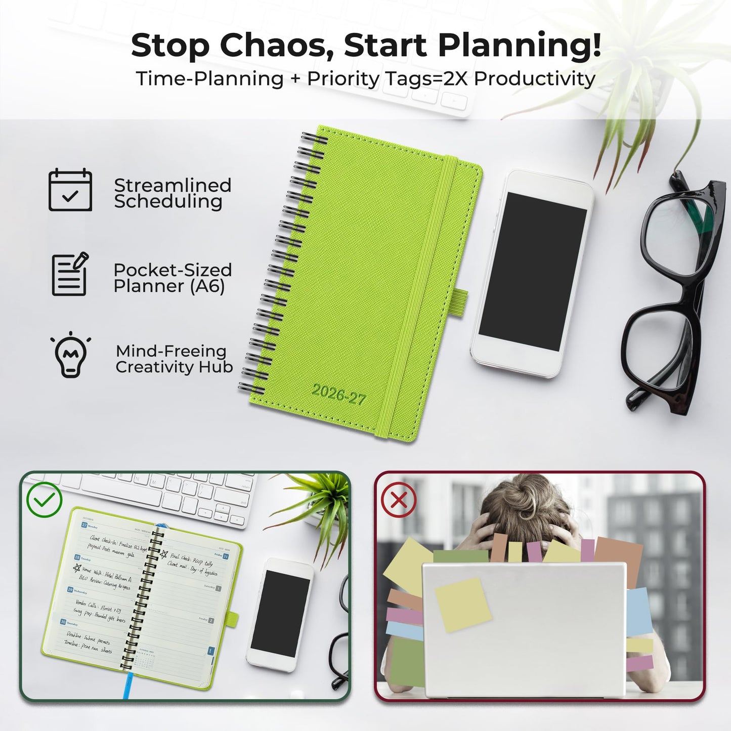 IN-LUXPRO Planner 2026-2027 Daily Weekly and Monthly,6.5"x3.75",18 Months Spiral Bound Calendar Agenda with Self-adhesive Pen Holder,2026 Academic Plan with Vegan Leather Soft Cover,Wasabi Green