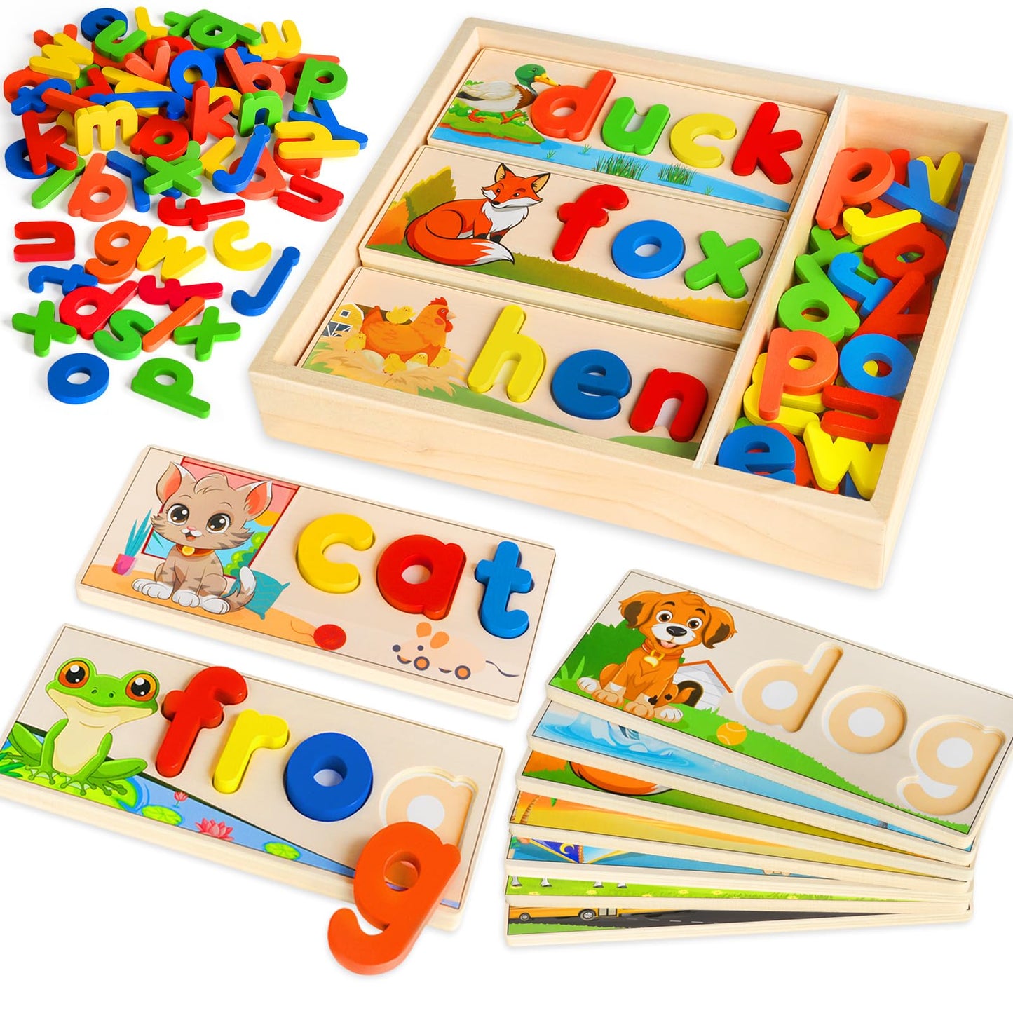 Wooden See & Spell Learning Toys for 2 3 4 5 Year Old Kids, Preschool Learning Activities Alphabet Flash Cards, Educational Match Letter Game Board, CVC Word Builder Montessori Toys Gifts for Boy Girl