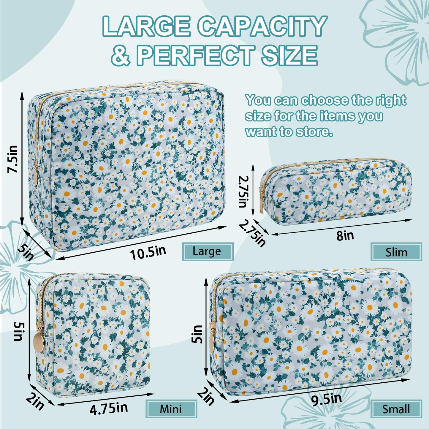 UIXIZQ Waterproof Large Floral Makeup Pouch,Nylon Travel Toiletry Storage Purse Preppy Cosmetic Bag for Women Girl,Large Capacity Makeup Organizer Zipper Pouch for Work(L Green-Daisy)