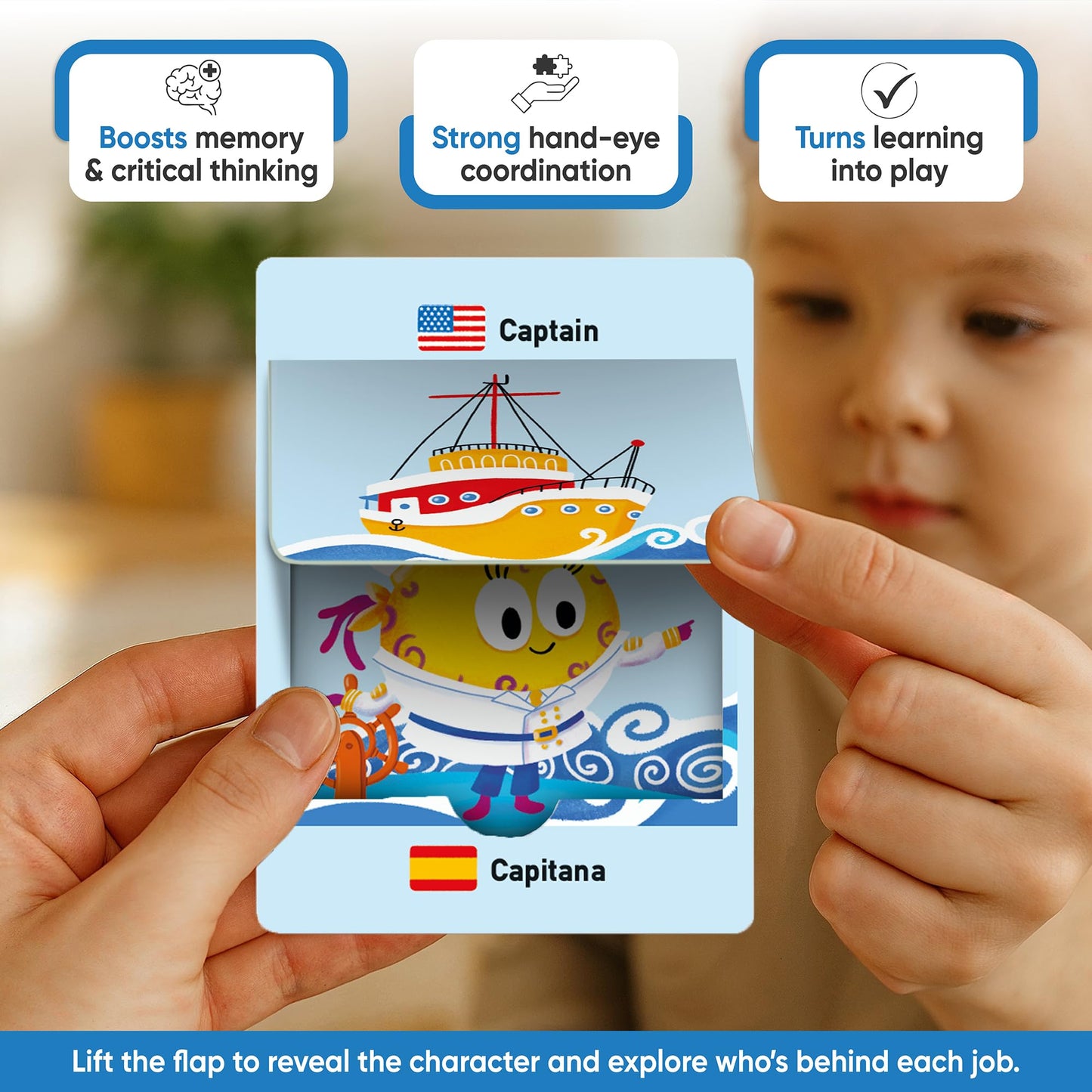Kidrox Career & Professions Flash Cards, English Learning Cards with Spanish Translations, Interactive Open & Cover, 30 Pack