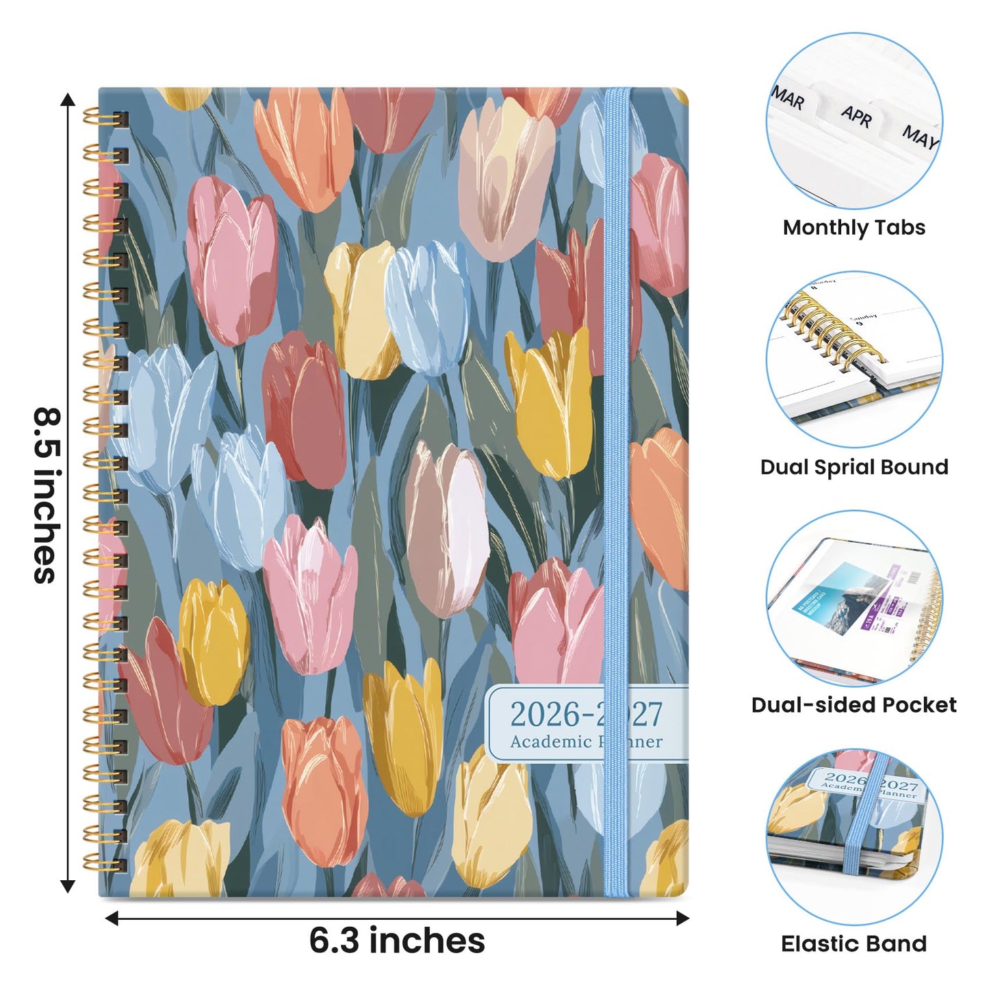 Academic Planner 2026-2027, Monthly and Weekly Calendar Planner, July 2026 - June 2027, Pretty Hardcover Teacher Student Planning Agenda Book with Tabs, Fit for School Office Supplies, 6.3" x 8.5", Soft Tulips