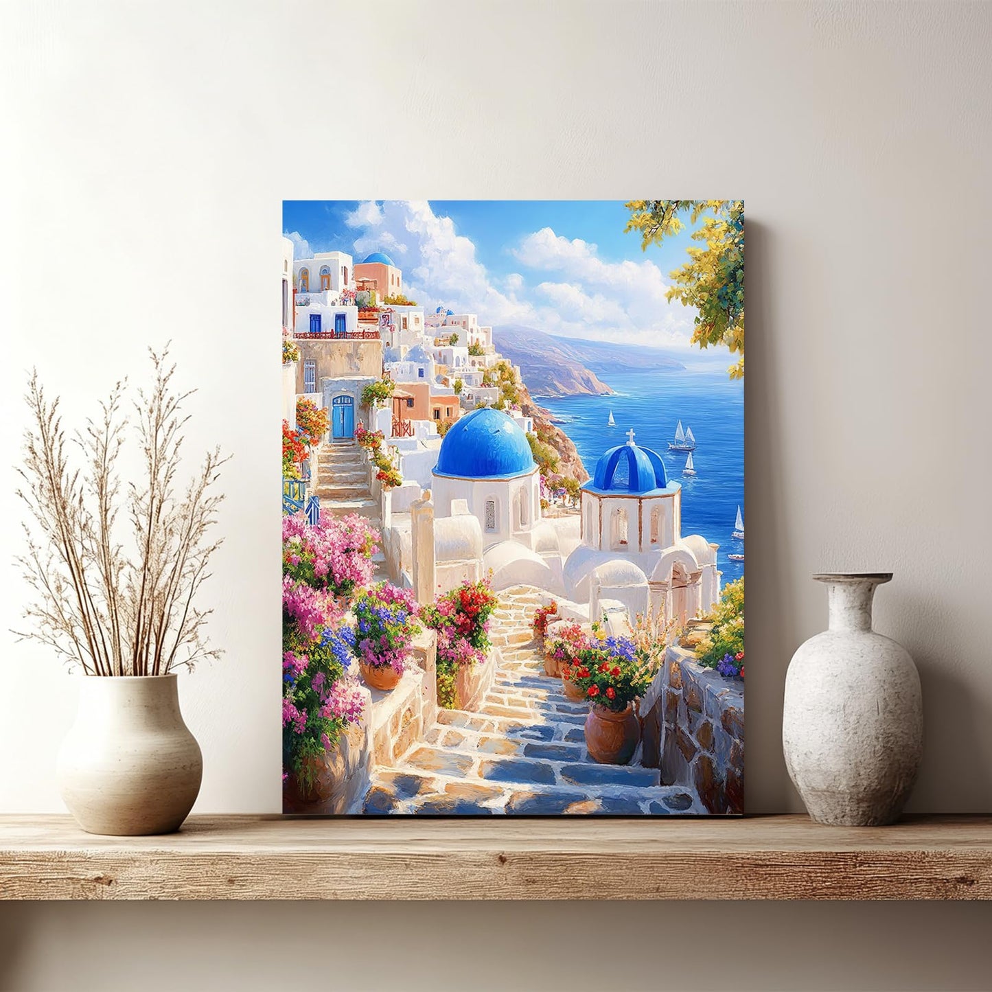 Greek wall art, Greece Santorini Pictures Wall Decor, Ocean Canvas Prints Painting, Framed Beach Artwork for Bathroom Bedroom Living Room Kitchen Dinning Room Office Home Decoration 12x16