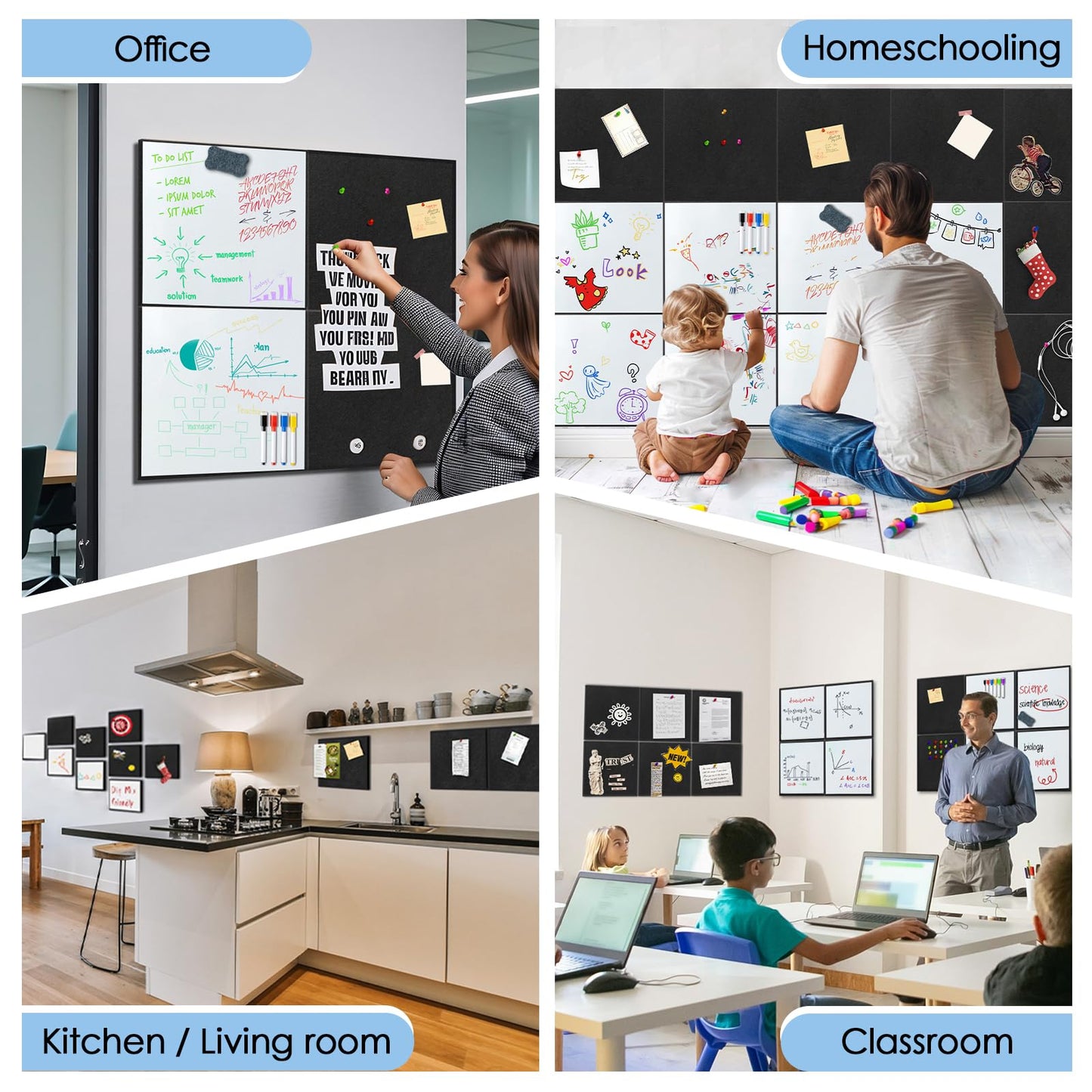 BXI Magnetic Dry Erase Whiteboard & Felt Bulletin Board with Pins Combo, 8 Pcs 12 X 12 X 3/8 Inch Self-Adhesive Vision Display Tiles, Note Memo Panels for Home School Education Office Wall Decor