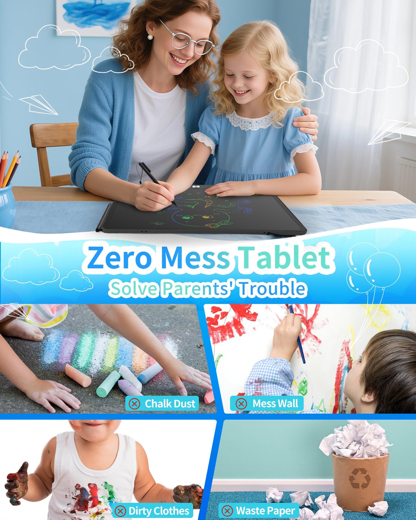 Rechargeable LCD Writing Tablet for Kids, 16 Inch Colorful Drawing Tablet, Educational Toddler Drawing Pad, Reusable Learning Toys for Kids (Ages 3-12), Ideal Gift for Christmas Birthday (Black)