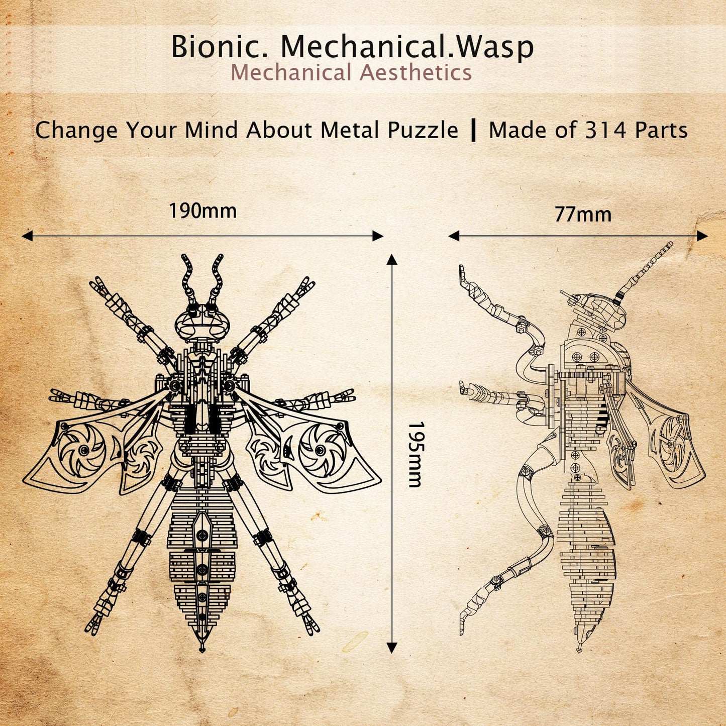 3D Metal Wasp Puzzles for Adults Model Kits Mechanical Puzzle Building Blocks, Difficult DIY Assembly for Men (Steel+Rose Gold)