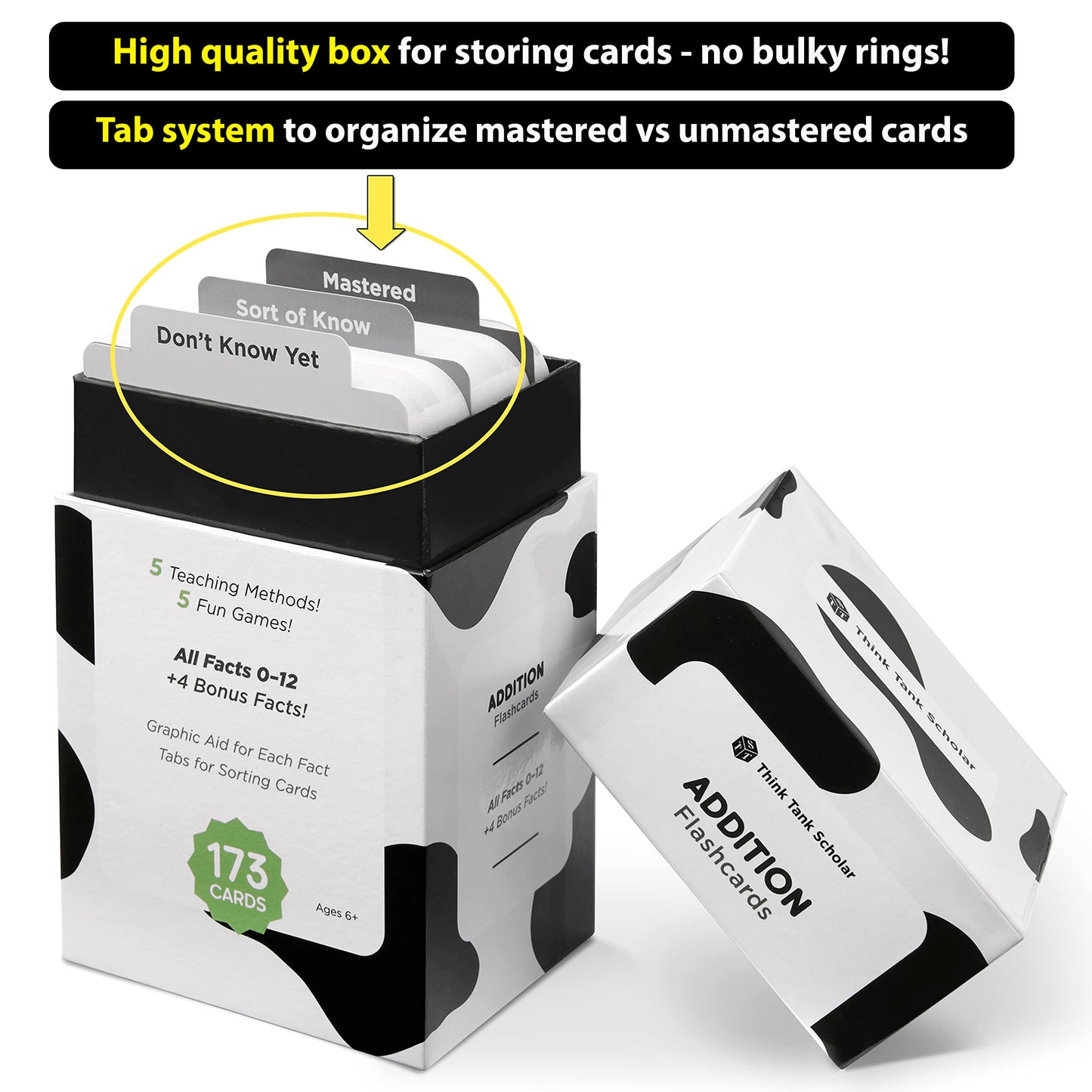 Think Tank Scholar 173 Addition Flash Cards Set (Award Winning) All Facts 0-12 Answer on Back, for Kids in Kindergarten, 1ST, 2ND, 3RD Grade Class or Homeschool - Addition Games & Charts