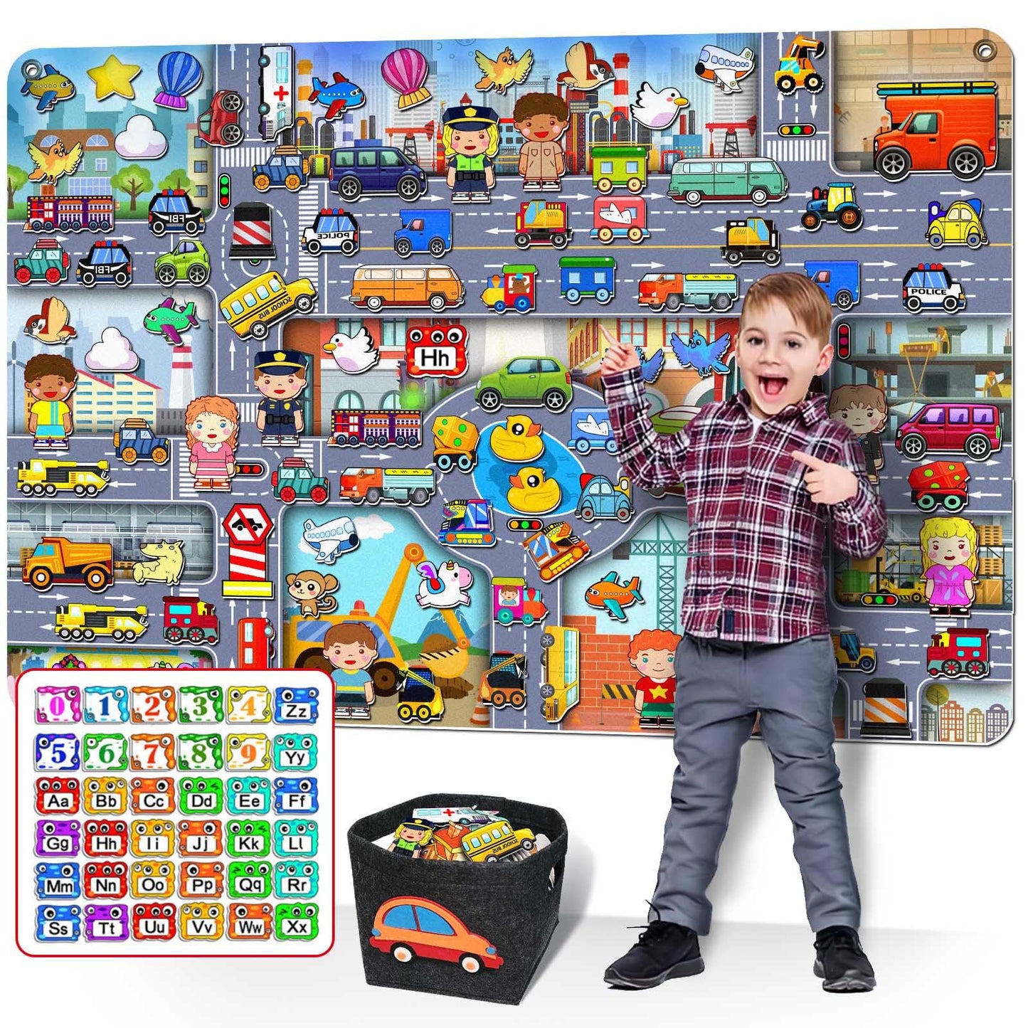 200 PCS Felt Board Story Set for Toddlers with Storage Bag City Traffic Themed Flannel Sensory Board Wall Interactive Storytelling Teaching Play Activity Kits 40x28 inch(Lightgrey)
