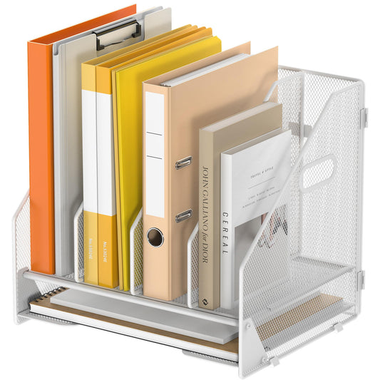 OrgMate Desk File Folder Holder Organizer-4 Vertical Compartments Racks and Paper Letter Tray,Mesh Magazine File Holder Sorter,Desktop Accessories & Workspace Organizers for Home,Office,School-White