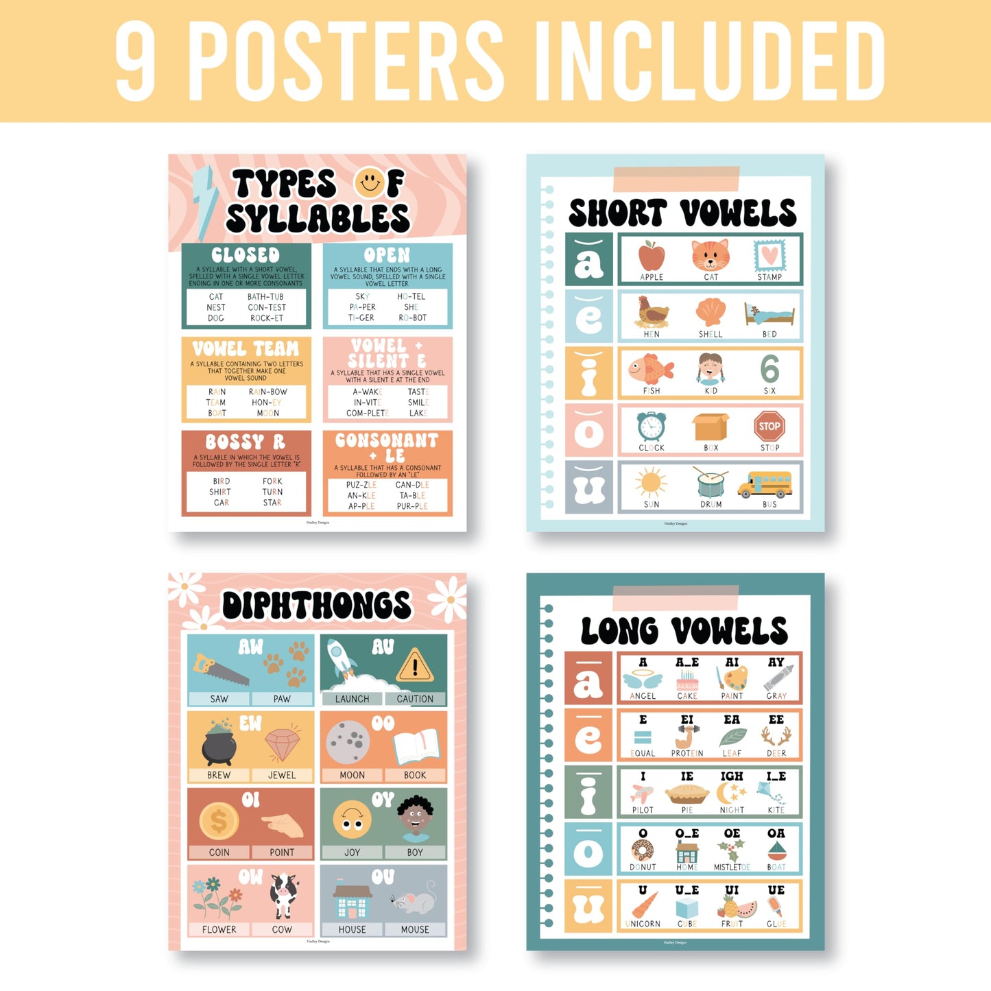 Hadley Designs Phonics Posters for Classroom Must Haves - 9 Sound Wall for Kindergarten & Elementary Teacher Supplies, Syllable, Vowels, Digraphs & Blends Bulletin Board Set, Retro Classrom Decor