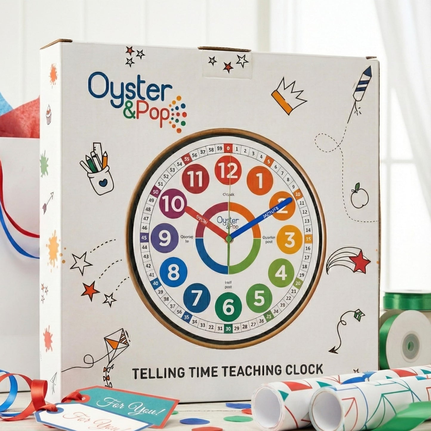 Oyster&Pop Kids Clock – Silent 10" Analog Learning Wall Clocks - Award-Winning Telling Time Teaching Clock for Kids - Bedrooms Homeschool & Classrooms - Includes eBook