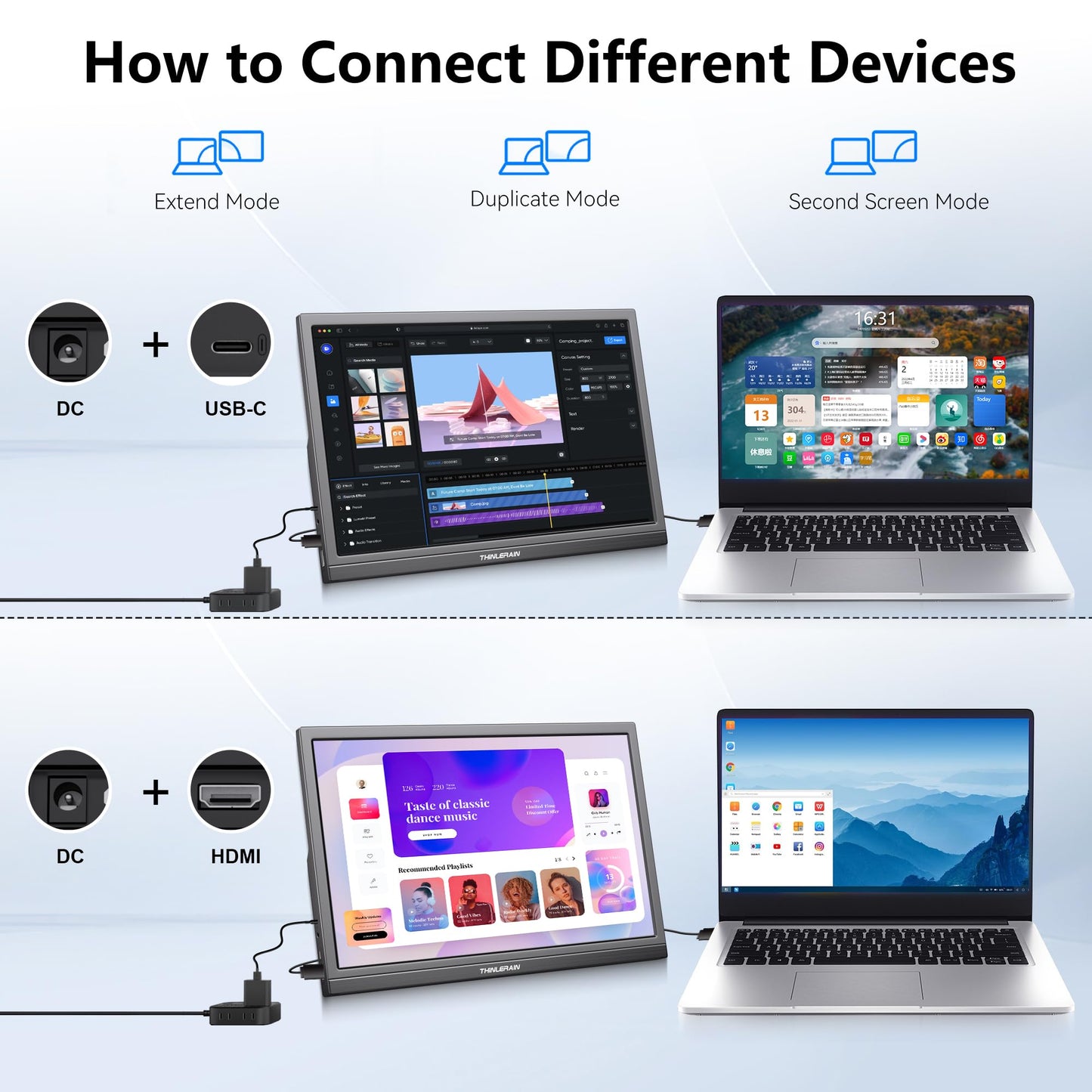 Thinlerian 17.3 Inch Portable Monitor 1600x900 HD Resolution with USB-C HDMI Dual Speakers, External Display Second Screen for Laptop PC Phone, Travel, Office