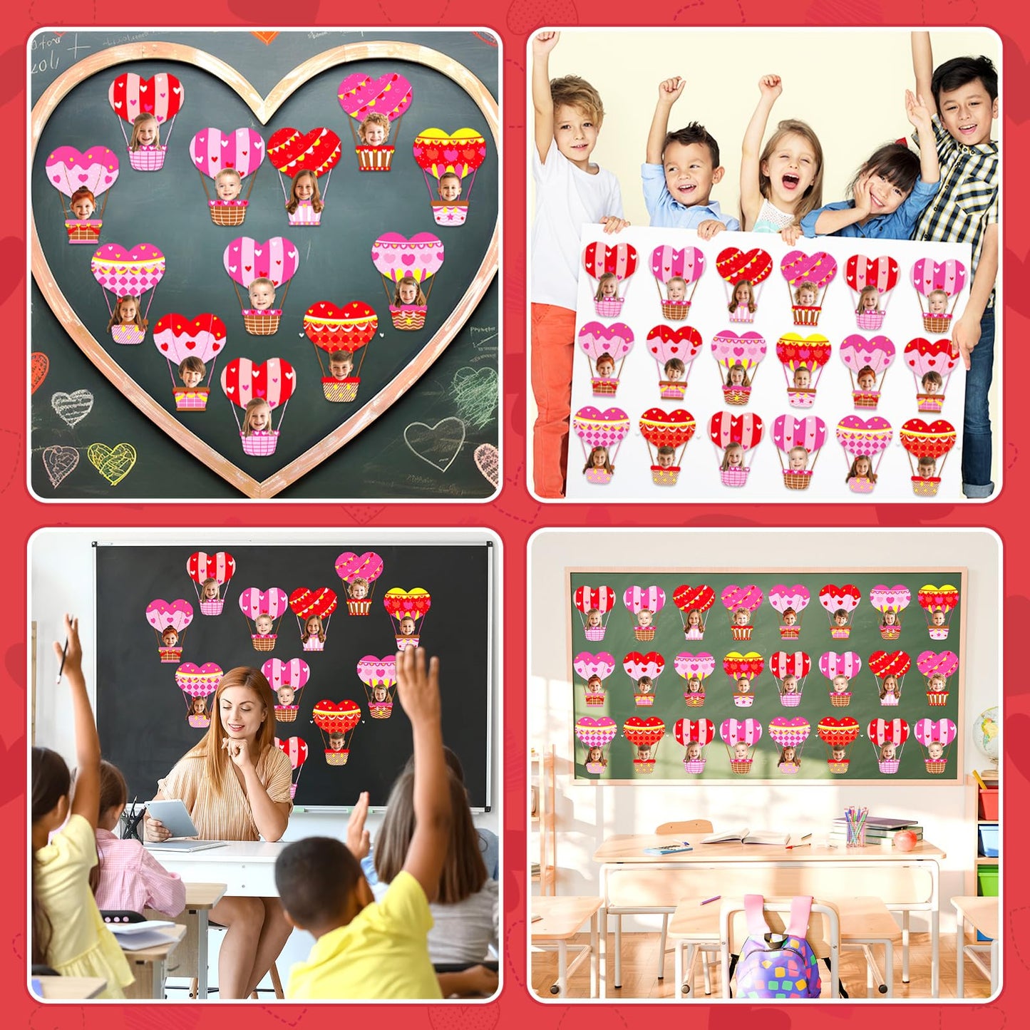 60pcs Valentine's Day Theme DIY Cutouts Hot Air Balloon Bulletin Board Decoration Set Heart Shape Balloon Paper Cut-Outs Decor for Valentines Classroom DIY Photo Craft Party School Wall Door Supplies