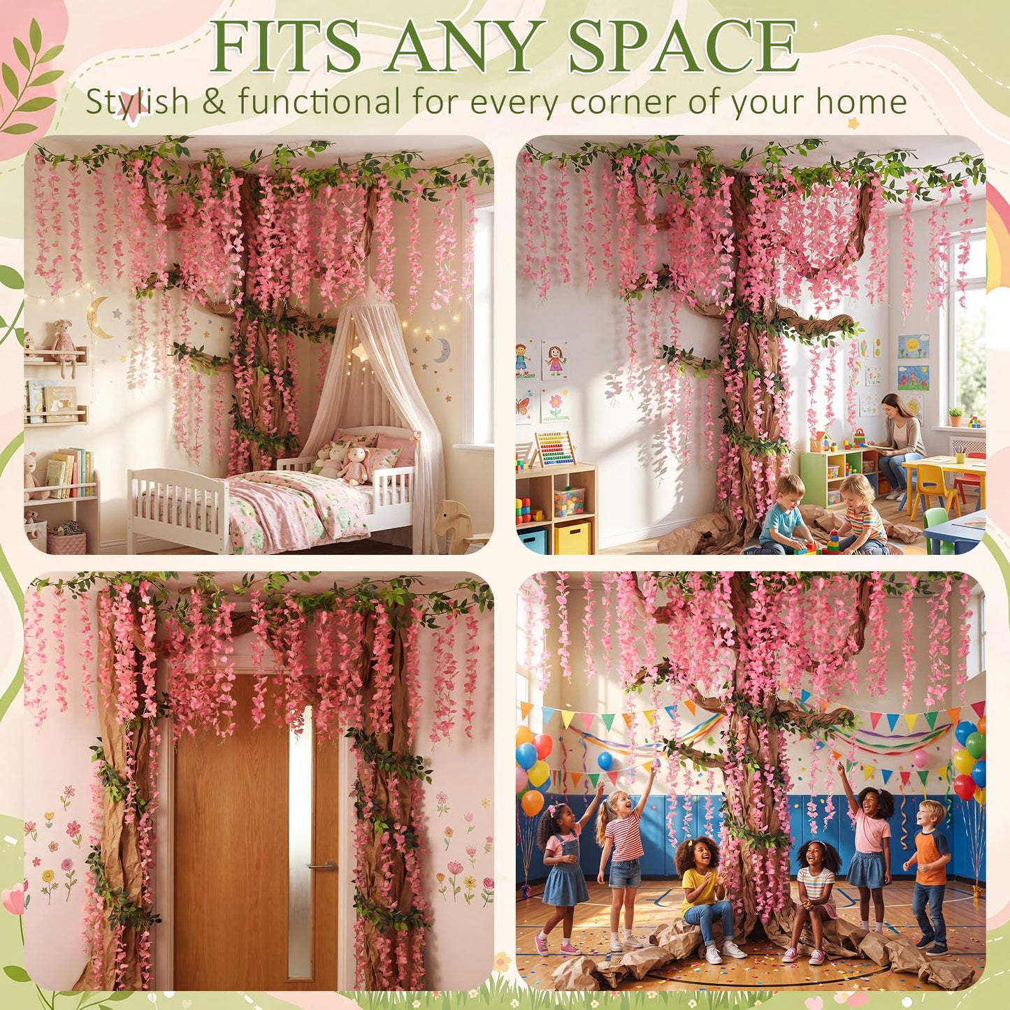 Suncalla Classroom Tree Bulletin Board Set DIY 3D Classroom Ceiling Wall Decor with Kraft Paper & Mounted Traceless Hooks for Jungle Safari Hawaiian Luau Party Supplies (Wisteria)